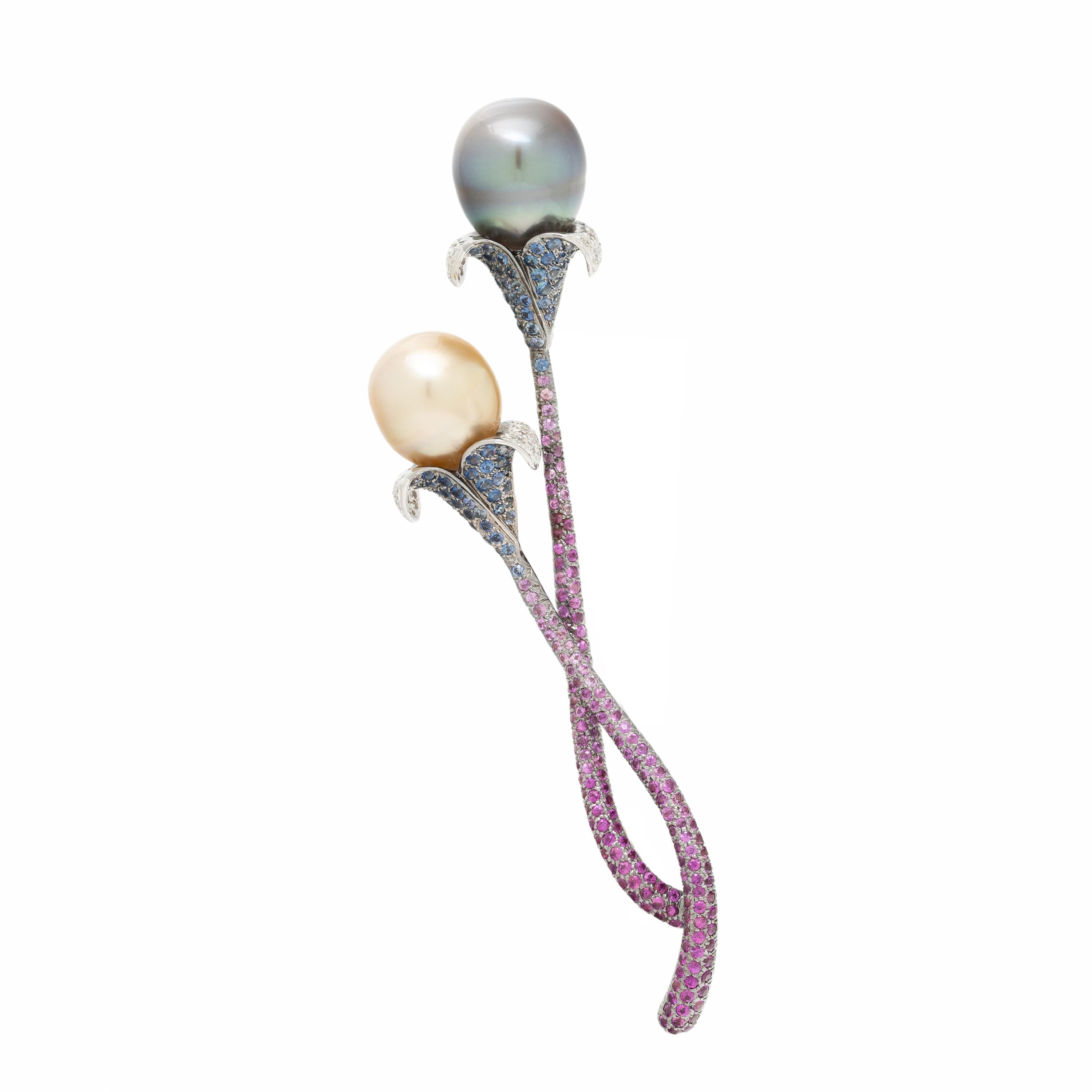 CULTURED PEARL, SAPPHIRE, DIAMOND, AND BLACKENED GOLD FLORAL BROOCH