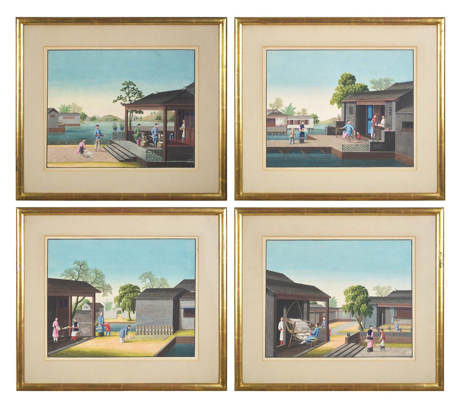 Chinese Export School 19th Century, A Set of Four Paintings Depicting Various Stages of Silk Production