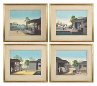 Chinese Export School 19th Century, A Set of Four Paintings Depicting Various Stages of Silk Production