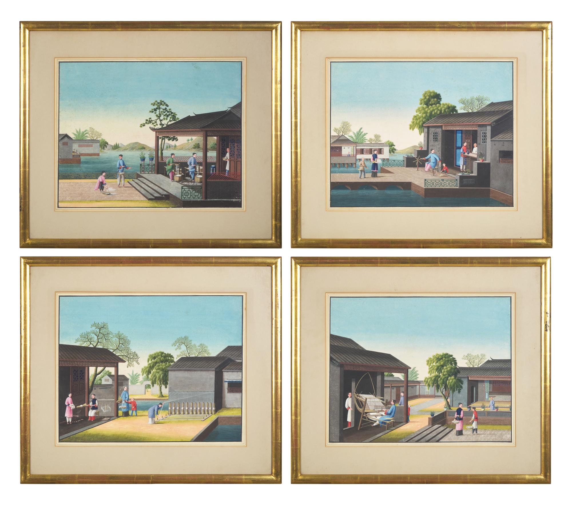 Chinese Export School 19th Century, A Set of Four Paintings Depicting Various Stages of Silk Production