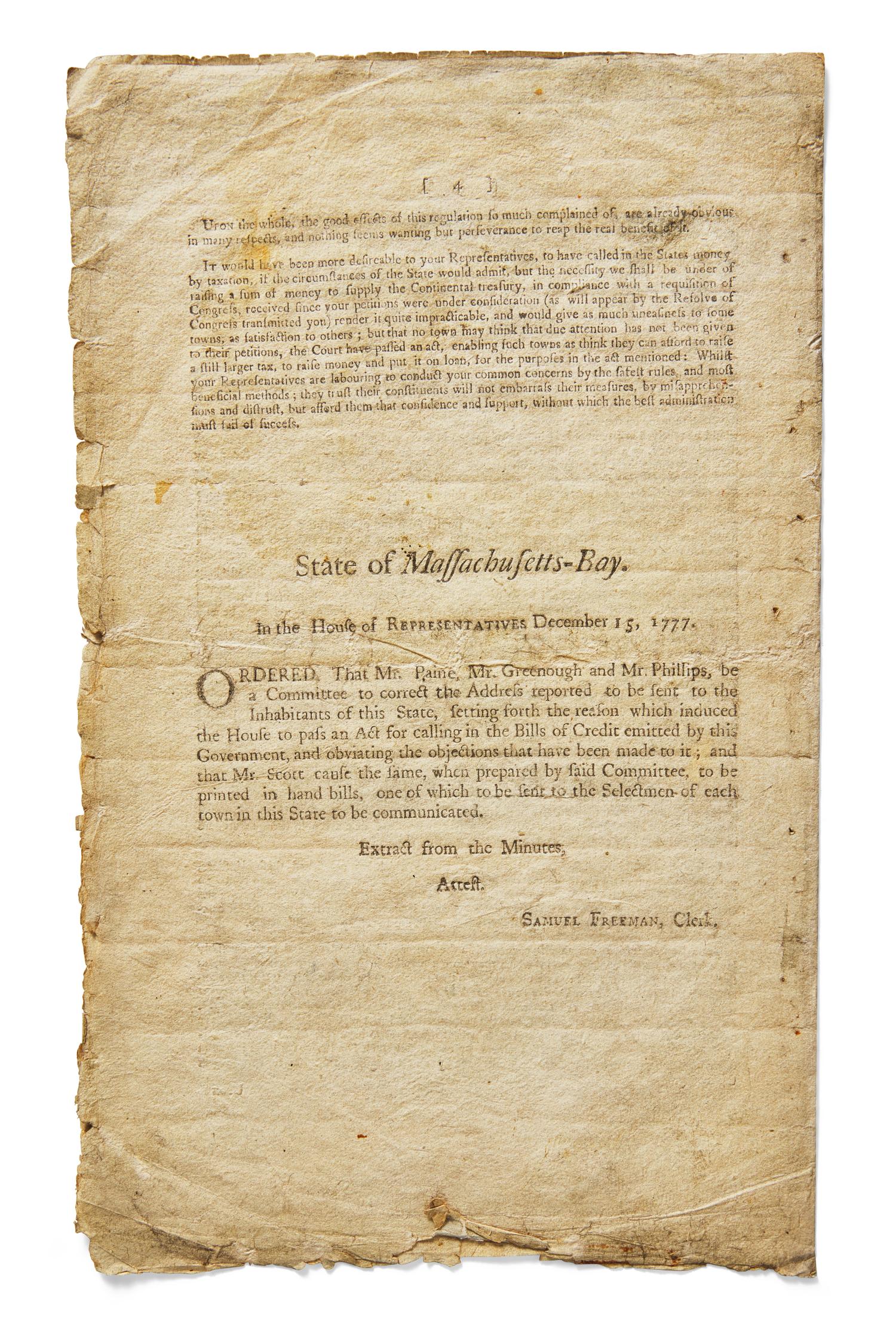 [American Revolution] (Gill, John). To the Inhabitants of the STATE of Massachusetts-Bay