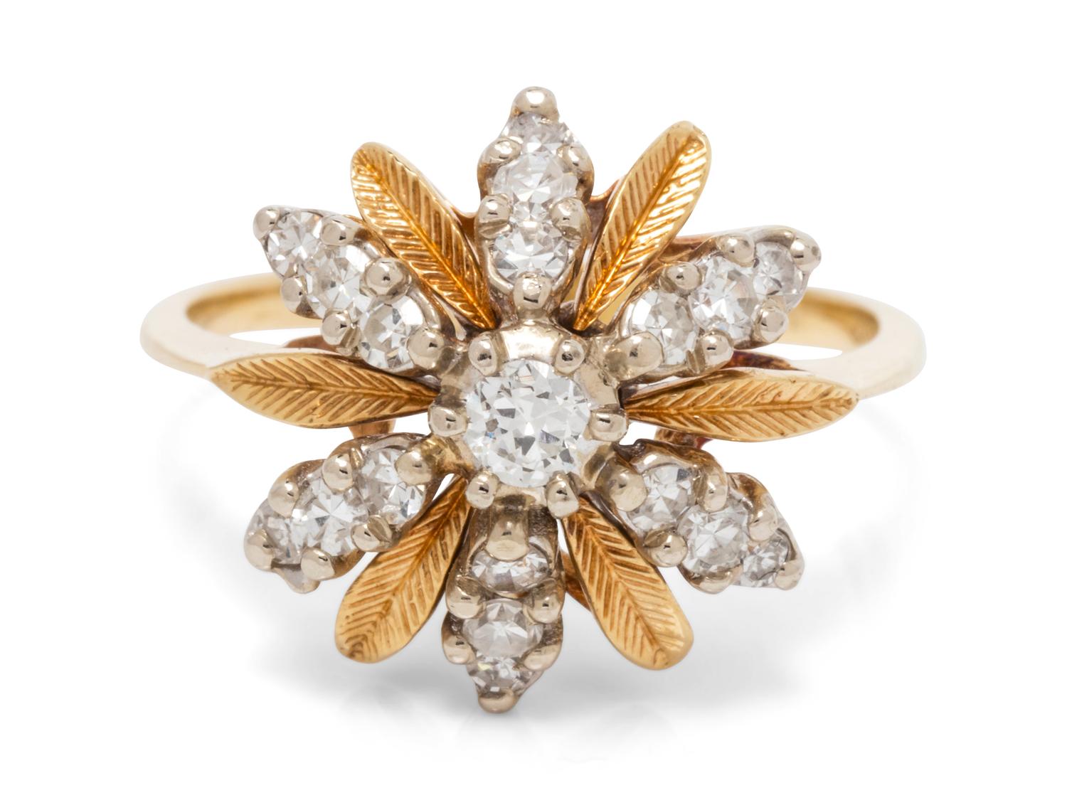 A Yellow Gold and Diamond Flower Motif Ring,