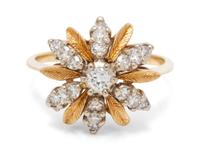 A Yellow Gold and Diamond Flower Motif Ring,