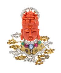 A Yellow Gold, Coral, Diamond and Multigem Pendant/Brooch, Cecil, 21.50 dwts.