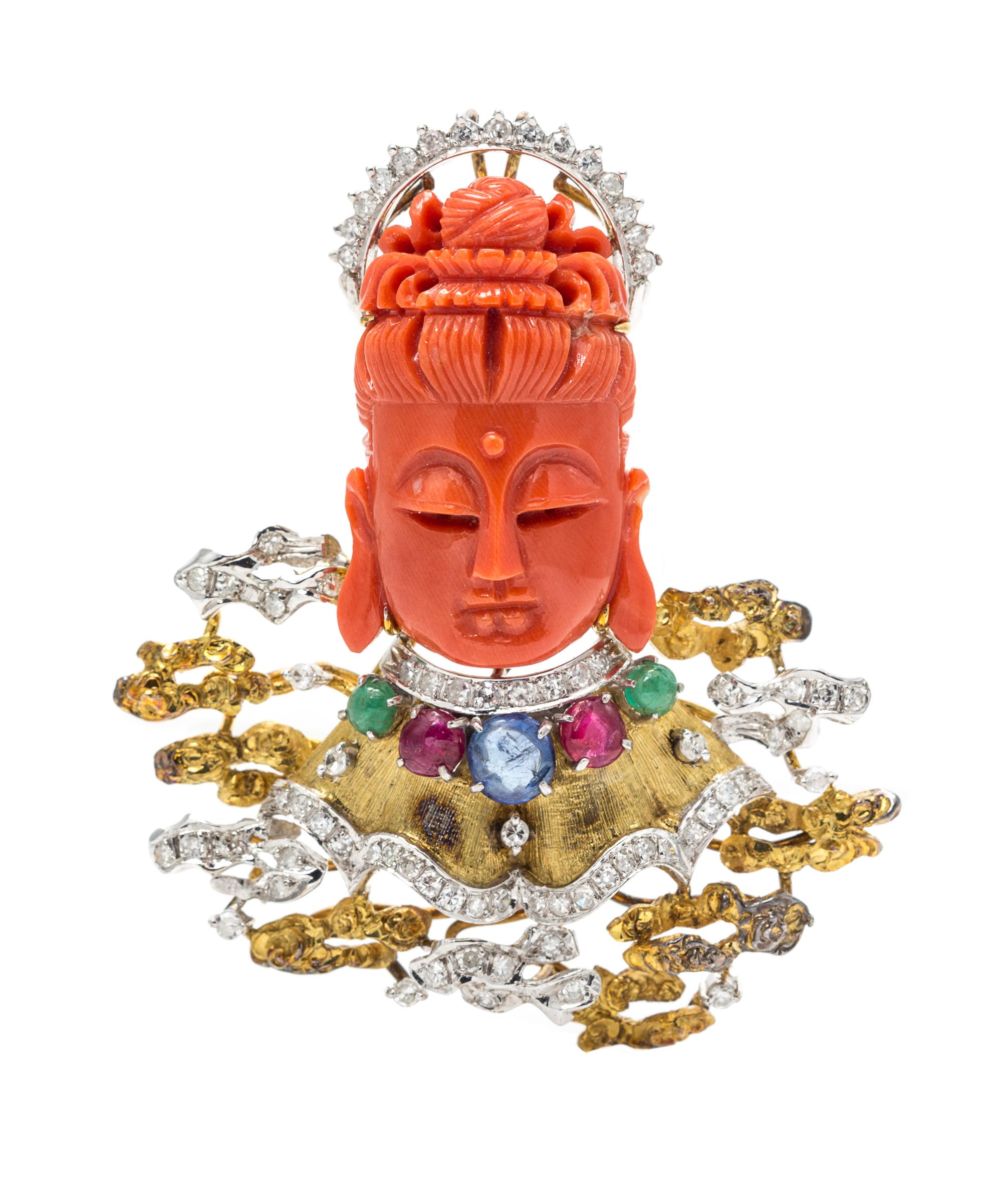 A Yellow Gold, Coral, Diamond and Multigem Pendant/Brooch, Cecil, 21.50 dwts.