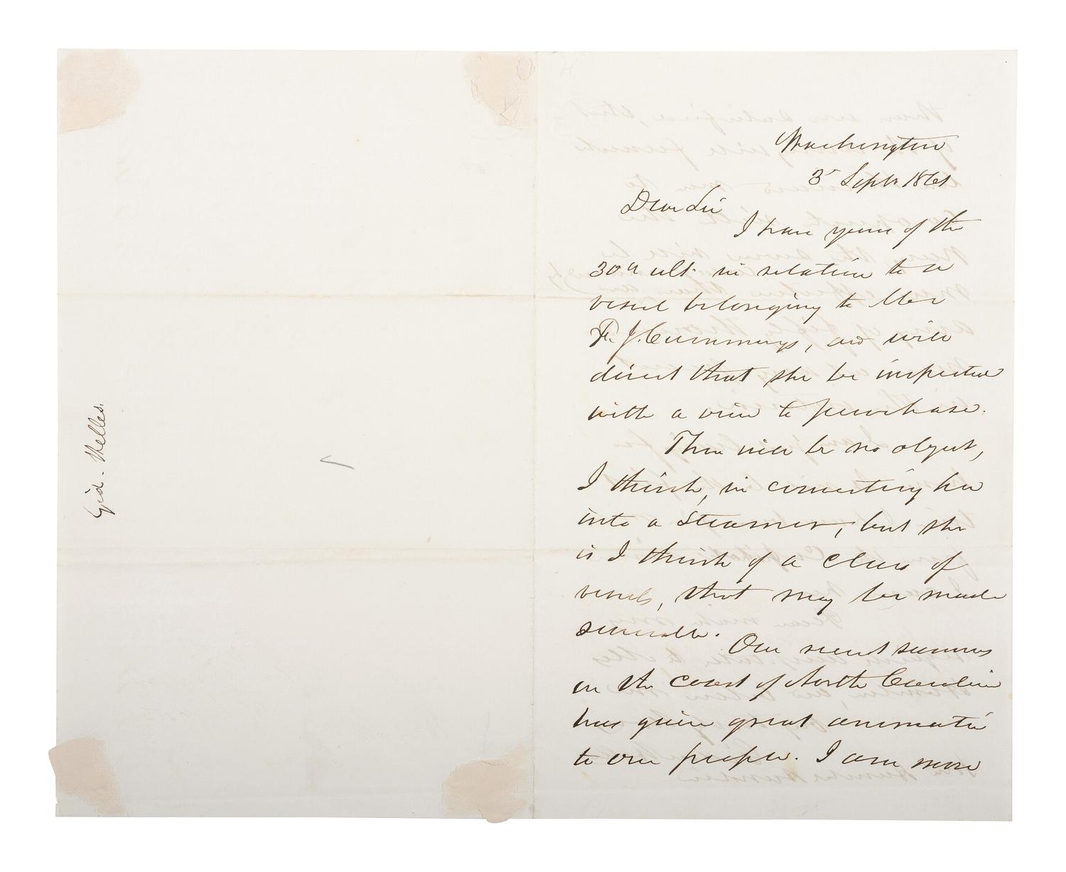 [CIVIL WAR - NAVY]. WELLES, Gideon (1802-1878). Autograph letter signed ("Gideon Welles") to Hannibal Hamlin. Washington. 3 September 1861.