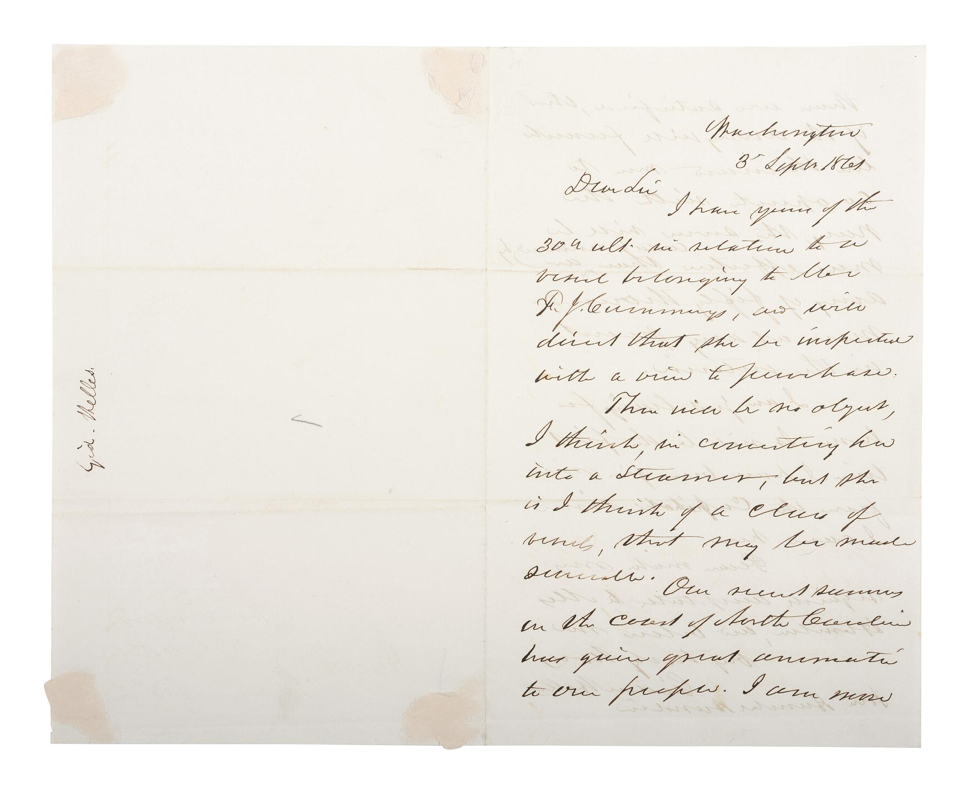 [CIVIL WAR - NAVY]. WELLES, Gideon (1802-1878). Autograph letter signed ("Gideon Welles") to Hannibal Hamlin. Washington. 3 September 1861.