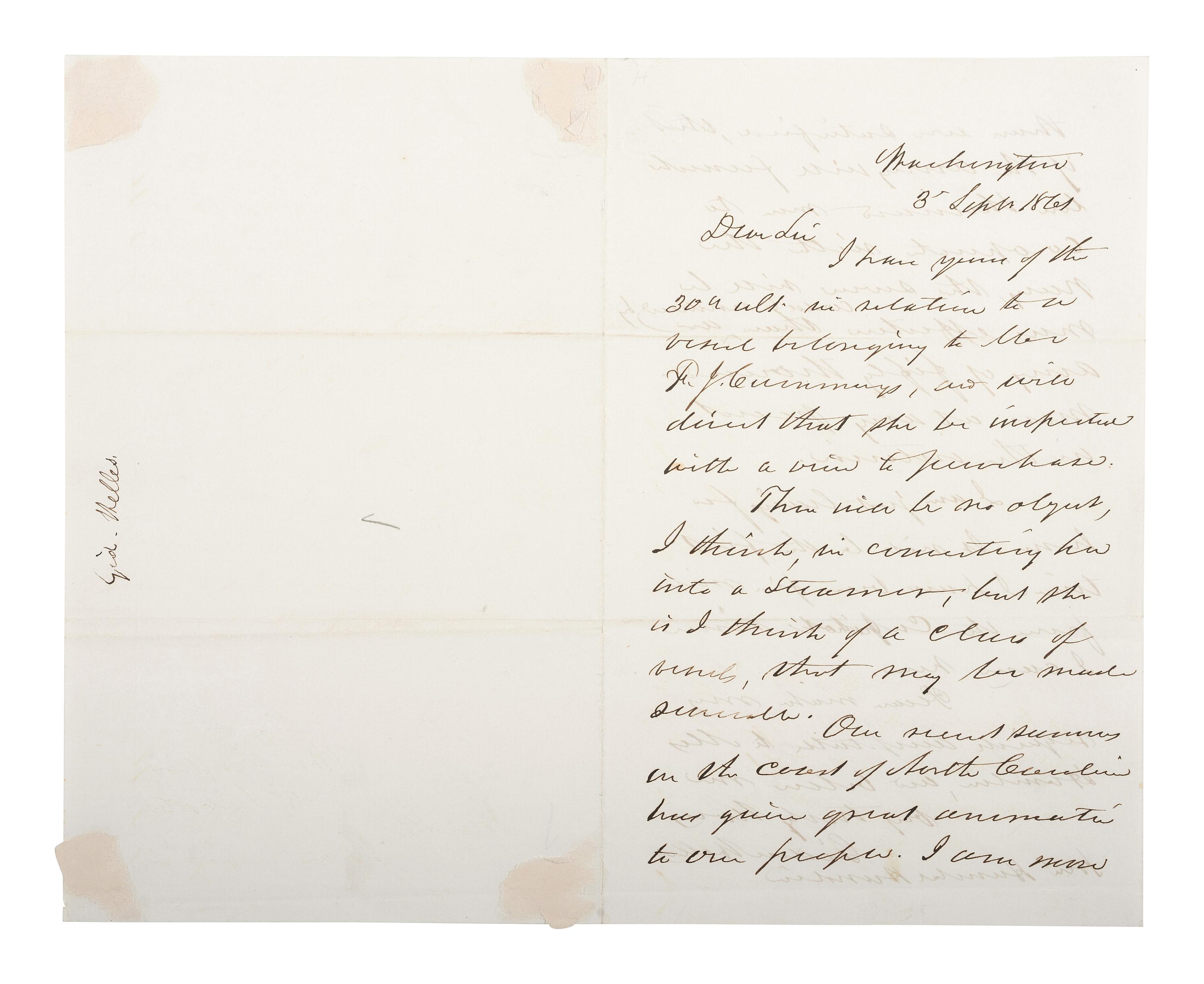 [CIVIL WAR - NAVY]. WELLES, Gideon (1802-1878). Autograph letter signed ("Gideon Welles") to Hannibal Hamlin. Washington. 3 September 1861.