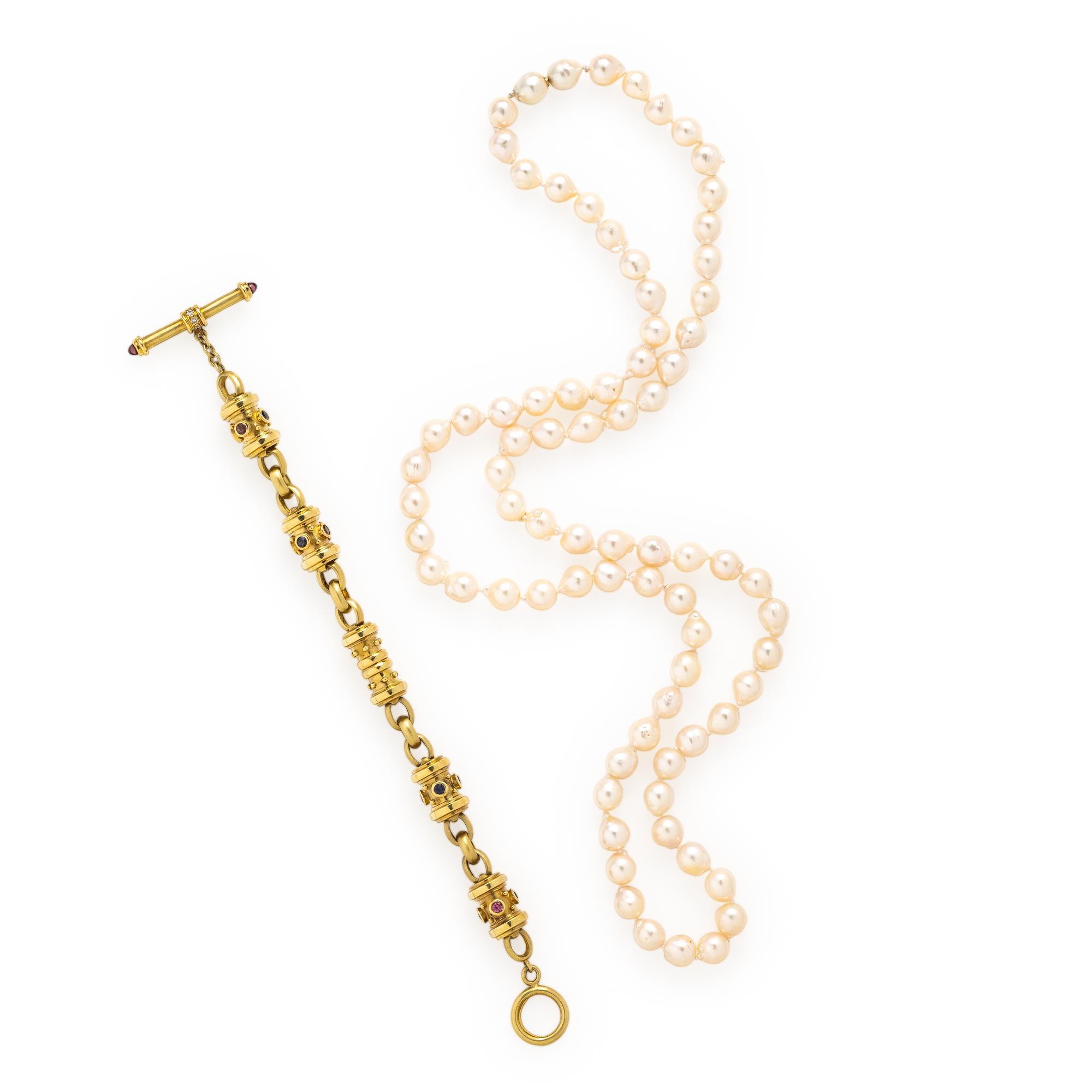 Convertible Cultured Pearl, Yellow Gold, and Multigem Necklace