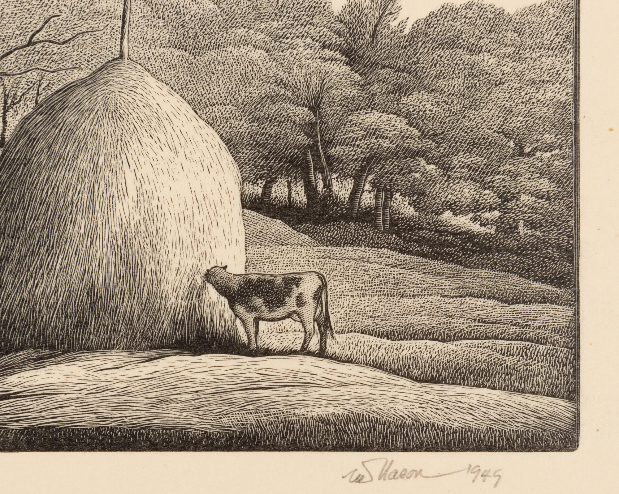 A group of six American prints (Emile Gruppe, Country Scene with Houses ; Nathan Margolies, Cornhuskers ; Leo Meissner, Jeter Spivey's Place ; Darwin Musselman, Going Home ; Thomas Nason, Haystacks ; Julius Tanzer, New England Yard )
