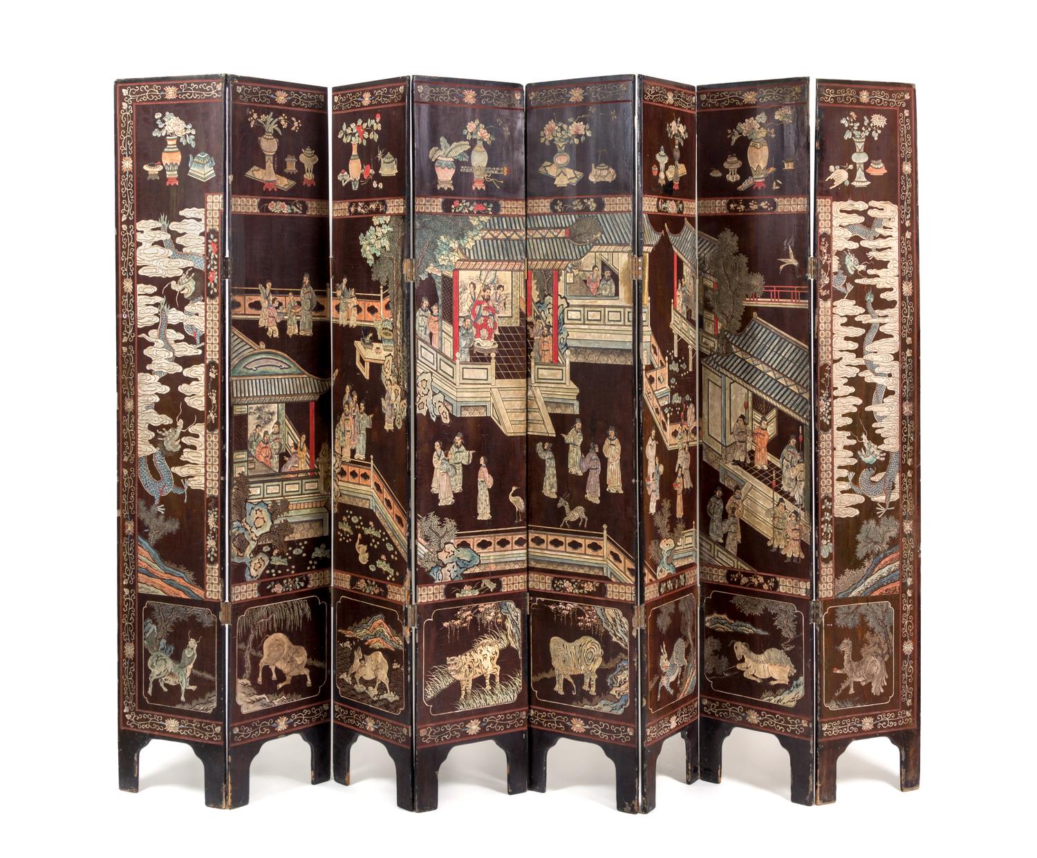A Coromandel Eight-Panel Floor Screen Height 83 x width of each panel 15 1/2 inches. — LATE 19TH CENTURY