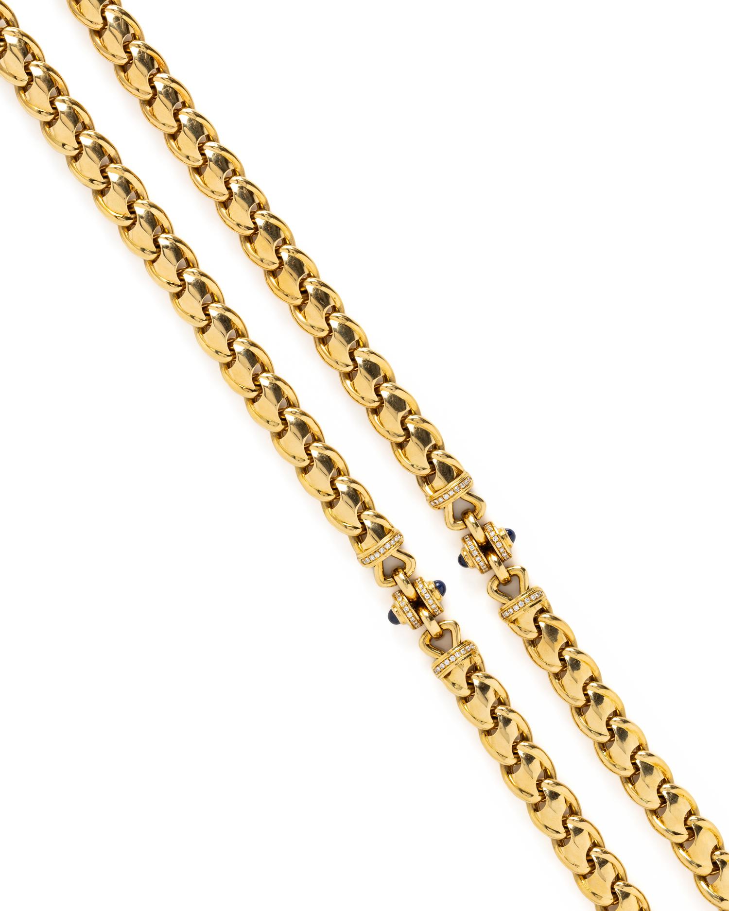YELLOW GOLD, DIAMOND AND SAPPHIRE LONGCHAIN NECKLACE