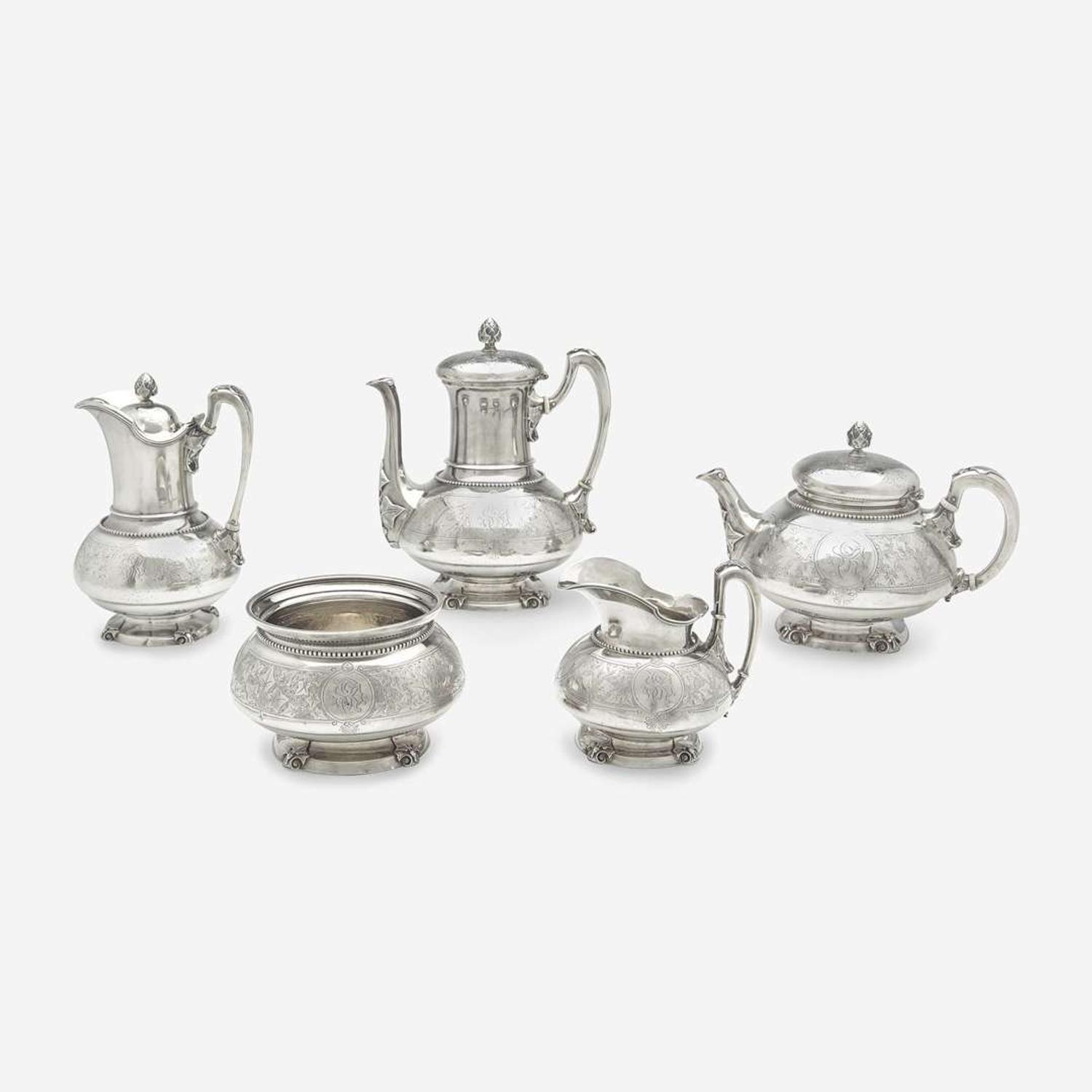 A five-piece sterling silver tea and coffee service in the "Ivy" pattern John Chandler Moore (c. 1803-1874) for Tiffany & Co., New York, NY, 1854-1870