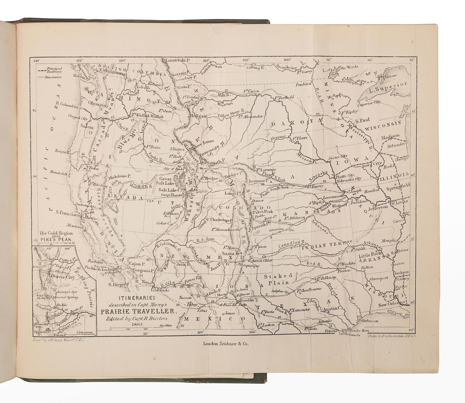 BURTON, Richard Francis (1821-1890), editor. -- MARCY, Randolph B. (1812-1887). The Prairie Traveler, a Hand-Book for Overland Expeditions, with Illustrations, and Itineraries of the Principal Routes Between the Mississippi and the Pacific, and a Map . London: Trübner and Co., 1863.