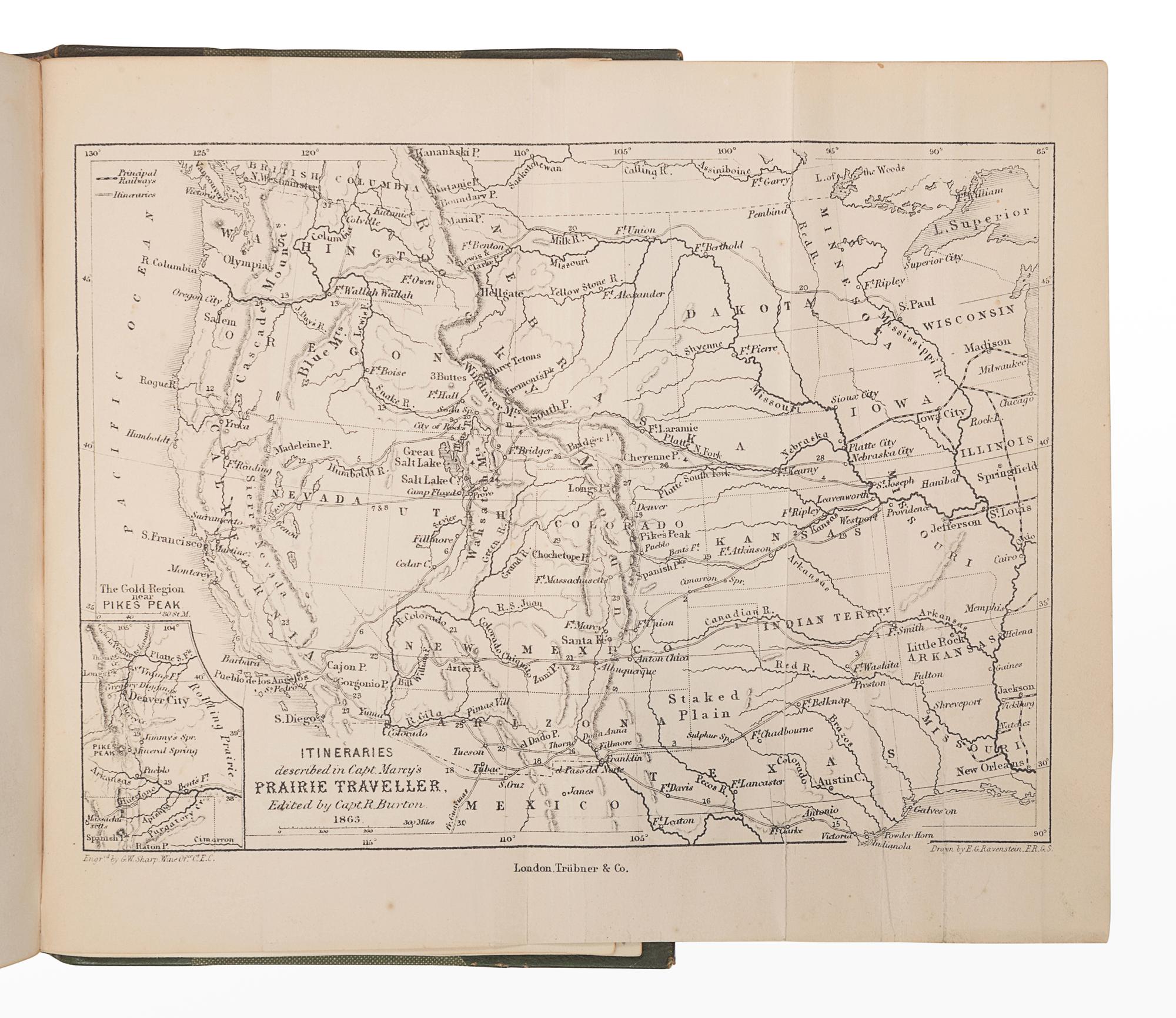 BURTON, Richard Francis (1821-1890), editor. -- MARCY, Randolph B. (1812-1887). The Prairie Traveler, a Hand-Book for Overland Expeditions, with Illustrations, and Itineraries of the Principal Routes Between the Mississippi and the Pacific, and a Map . London: Trübner and Co., 1863.