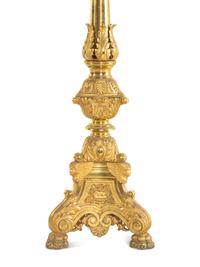 A Pair of Gilt Brass Altar Candlesticks with Associated Marble Tops