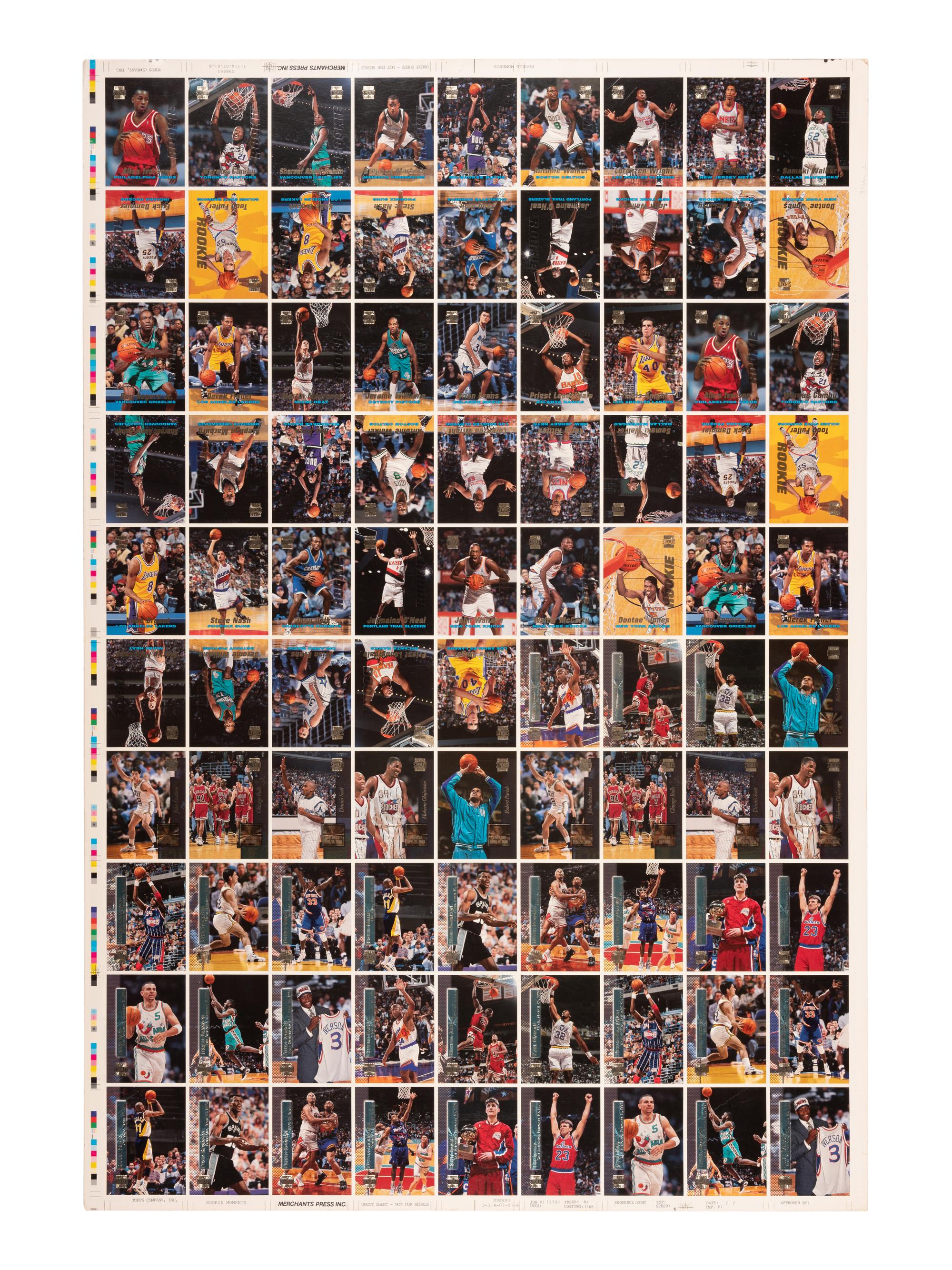 An Uncut Sheet of 1996 Topps Stadium Club Basketball Cards Featuring Multiple Kobe Bryant and Allen Iverson Rookie Cards