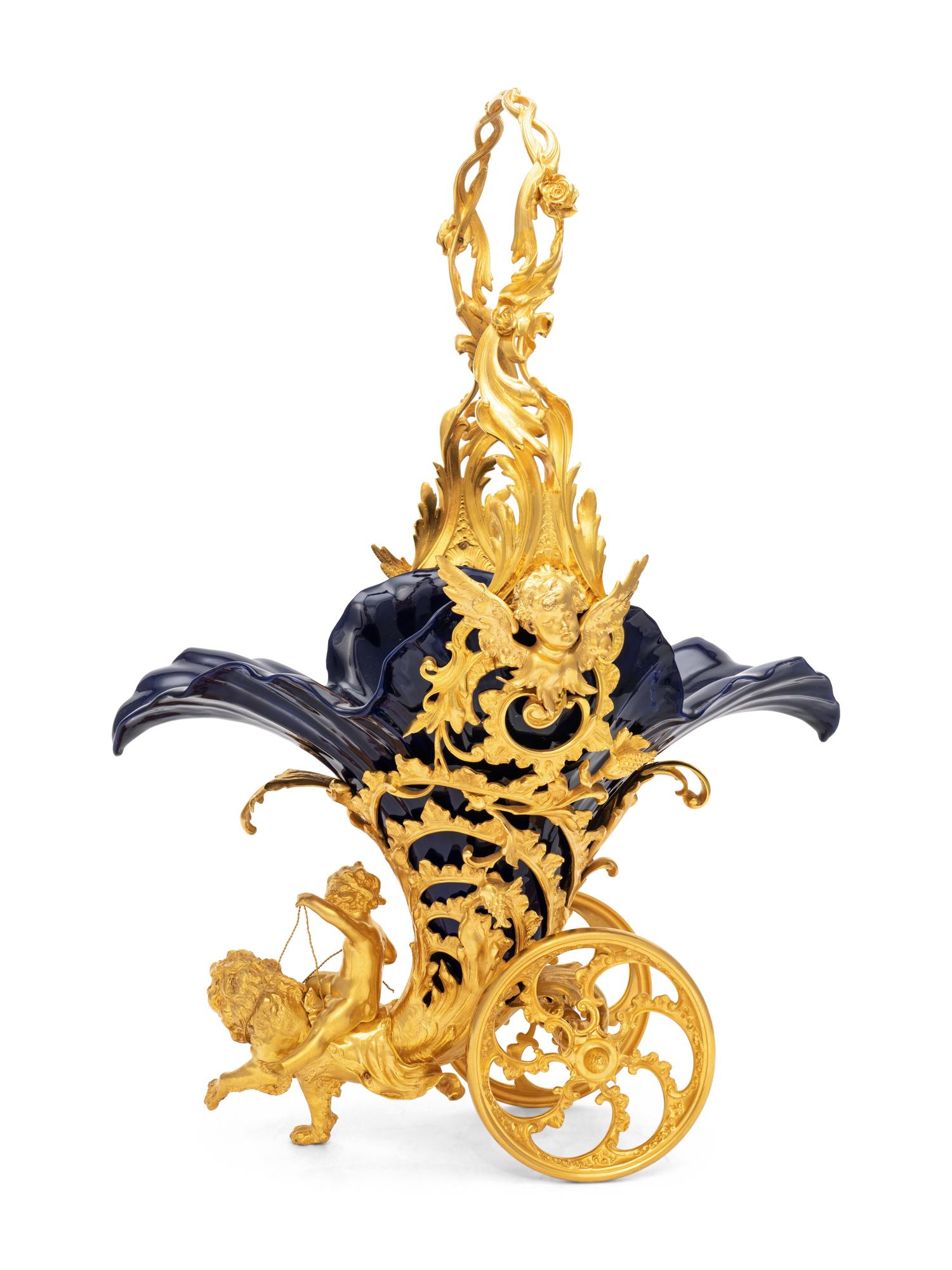 An Italian Gilt Bronze and Cobalt Glazed Ceramic Centerpiece
