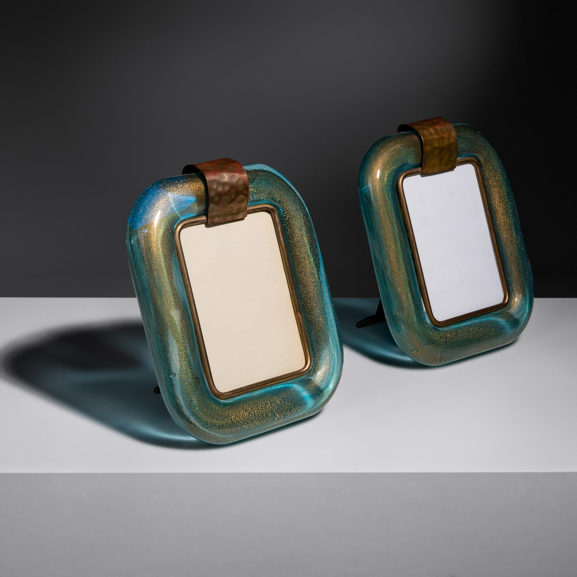 Pair of Aquamarine Glass Picture Frames Barovier & Toso, Italy