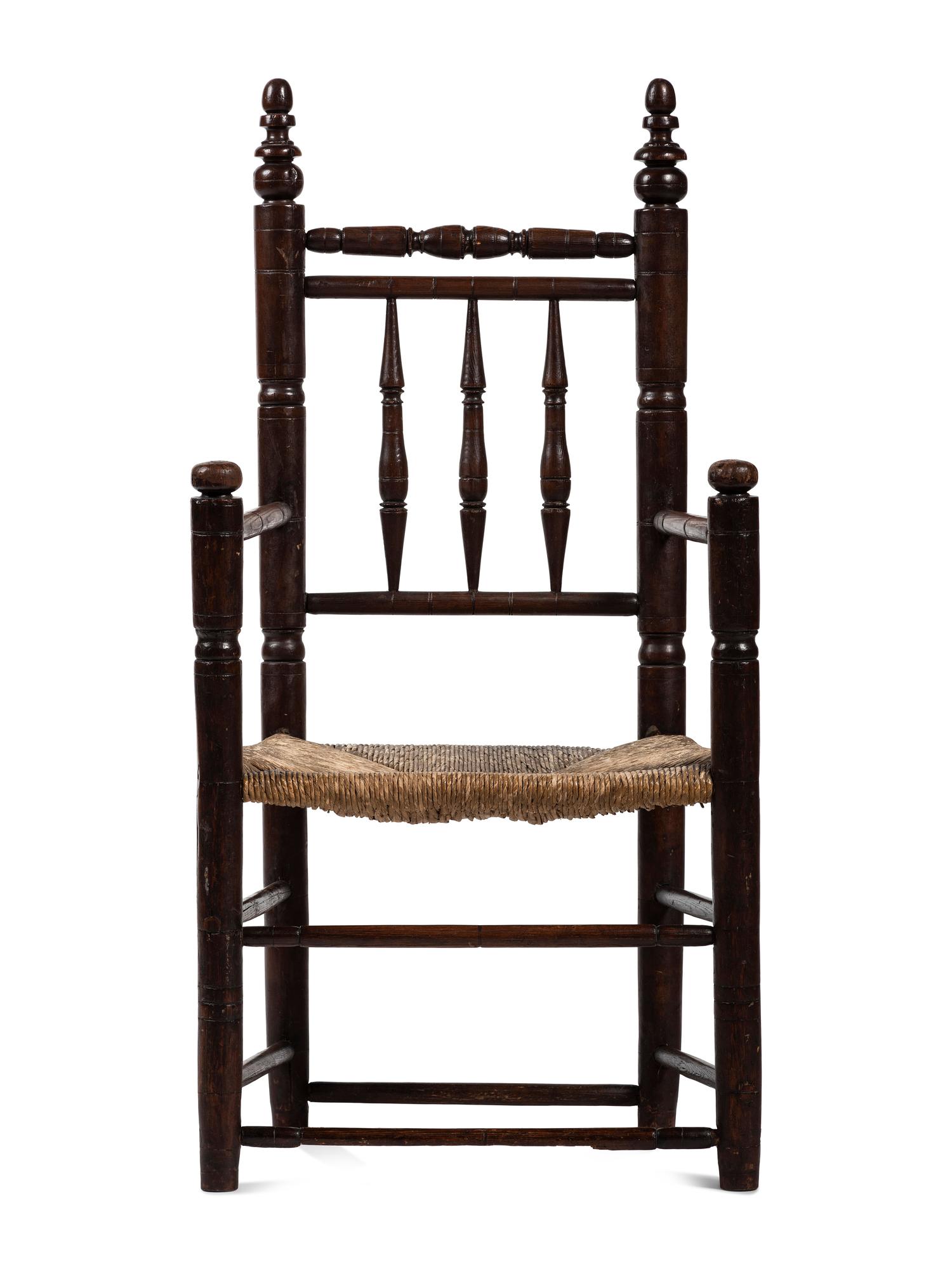 A Pilgrim Century Turned Maple and Oak Spindle-Back Rush-Seat Armchair