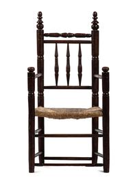 A Pilgrim Century Turned Maple and Oak Spindle-Back Rush-Seat Armchair