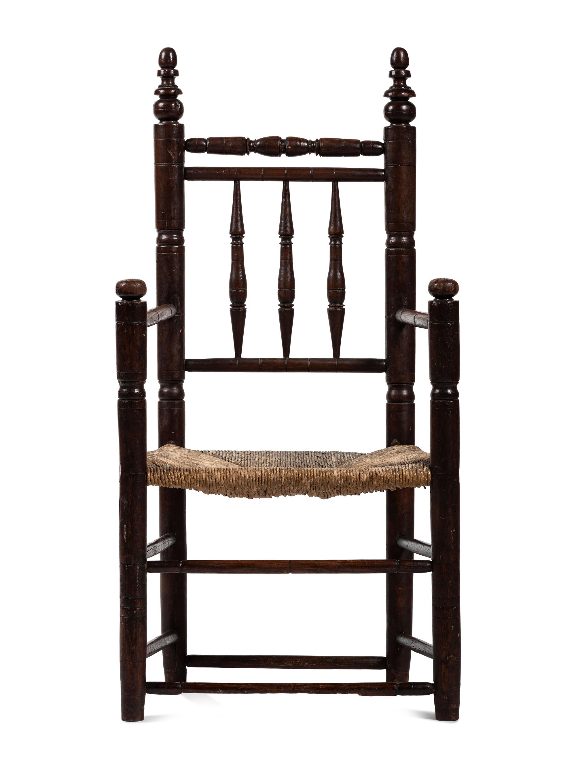 A Pilgrim Century Turned Maple and Oak Spindle-Back Rush-Seat Armchair