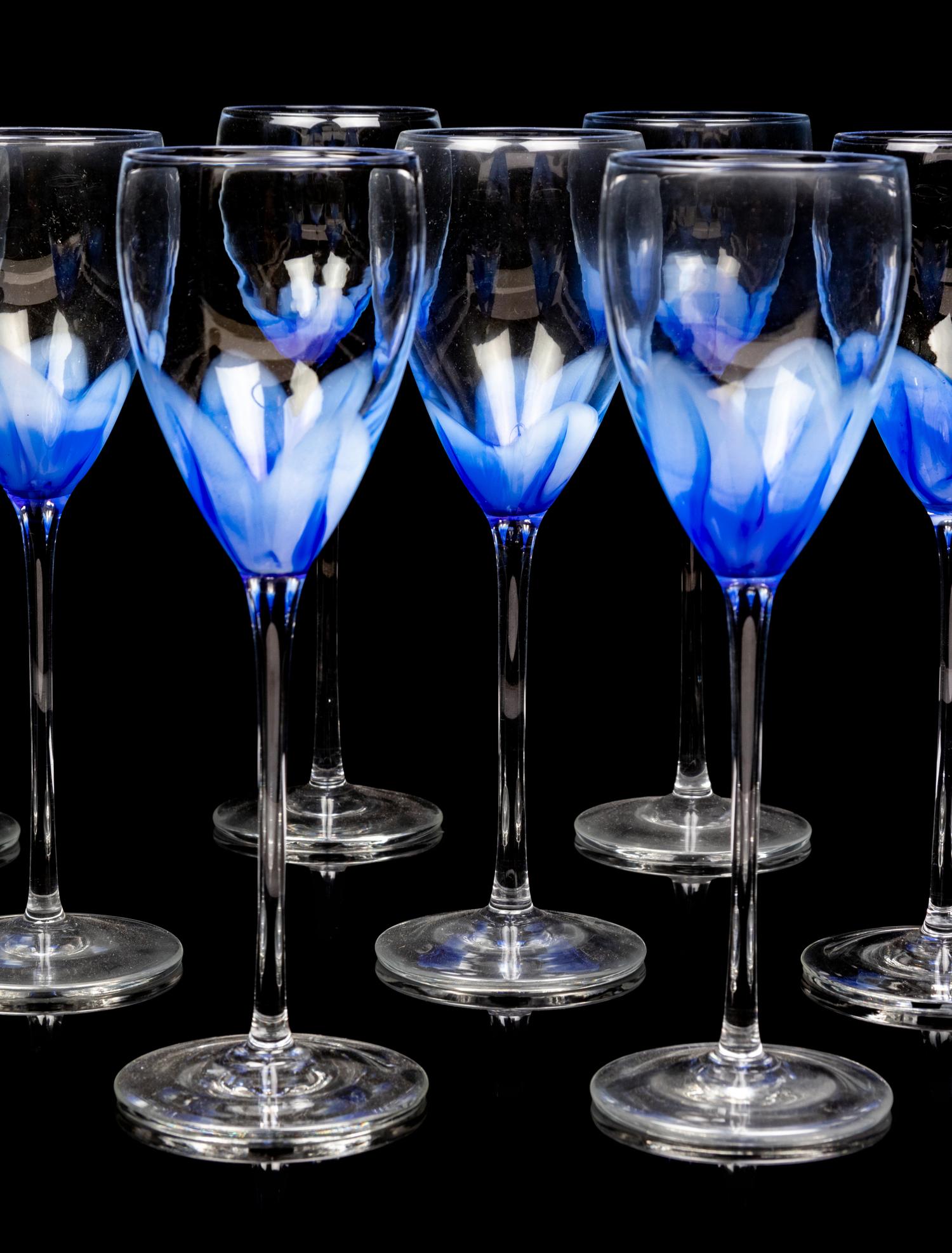 Nine Blue and Clear Glass Wine Stems