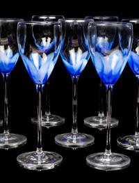 Nine Blue and Clear Glass Wine Stems