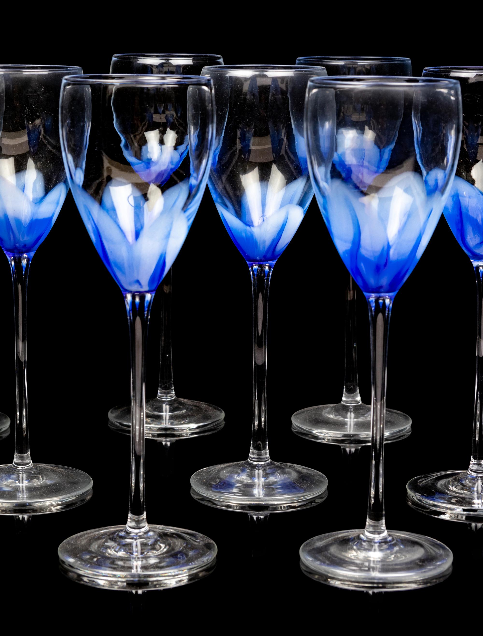 Nine Blue and Clear Glass Wine Stems