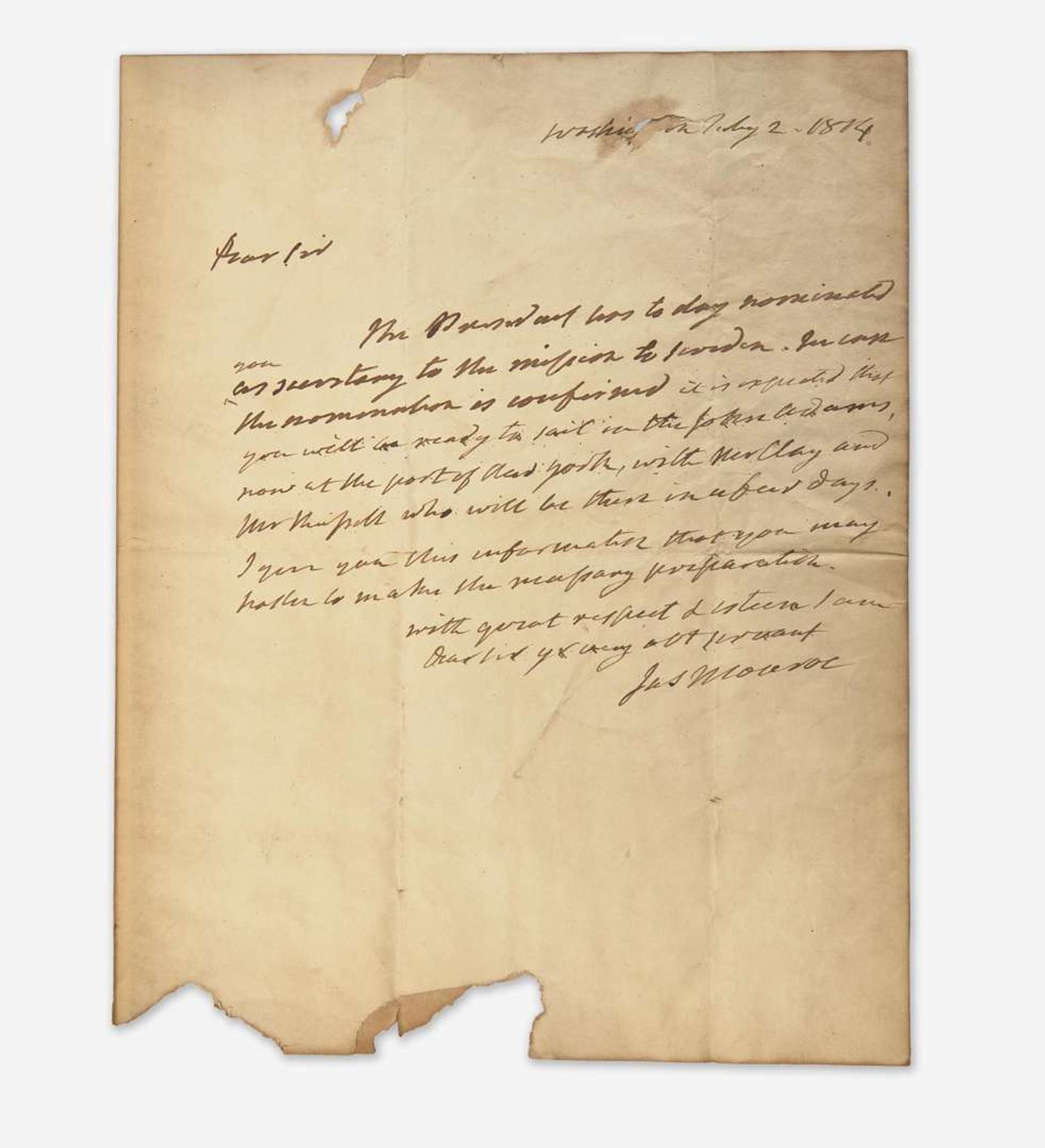[Presidential] Monroe, James: Autograph Letter and Manuscript Document, signed