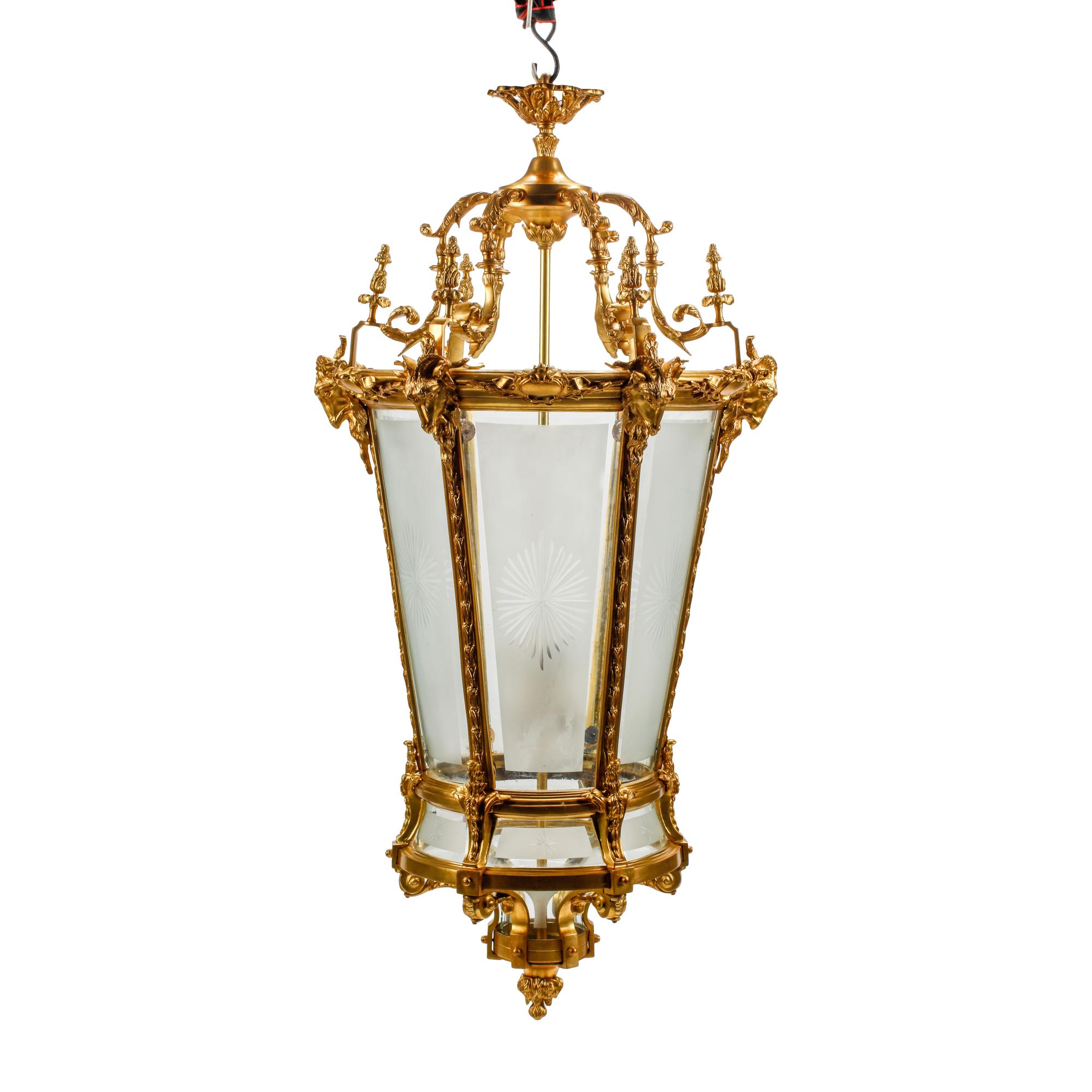 A Large Régence Style Gilt Bronze and Etched Glass Hall Lantern
