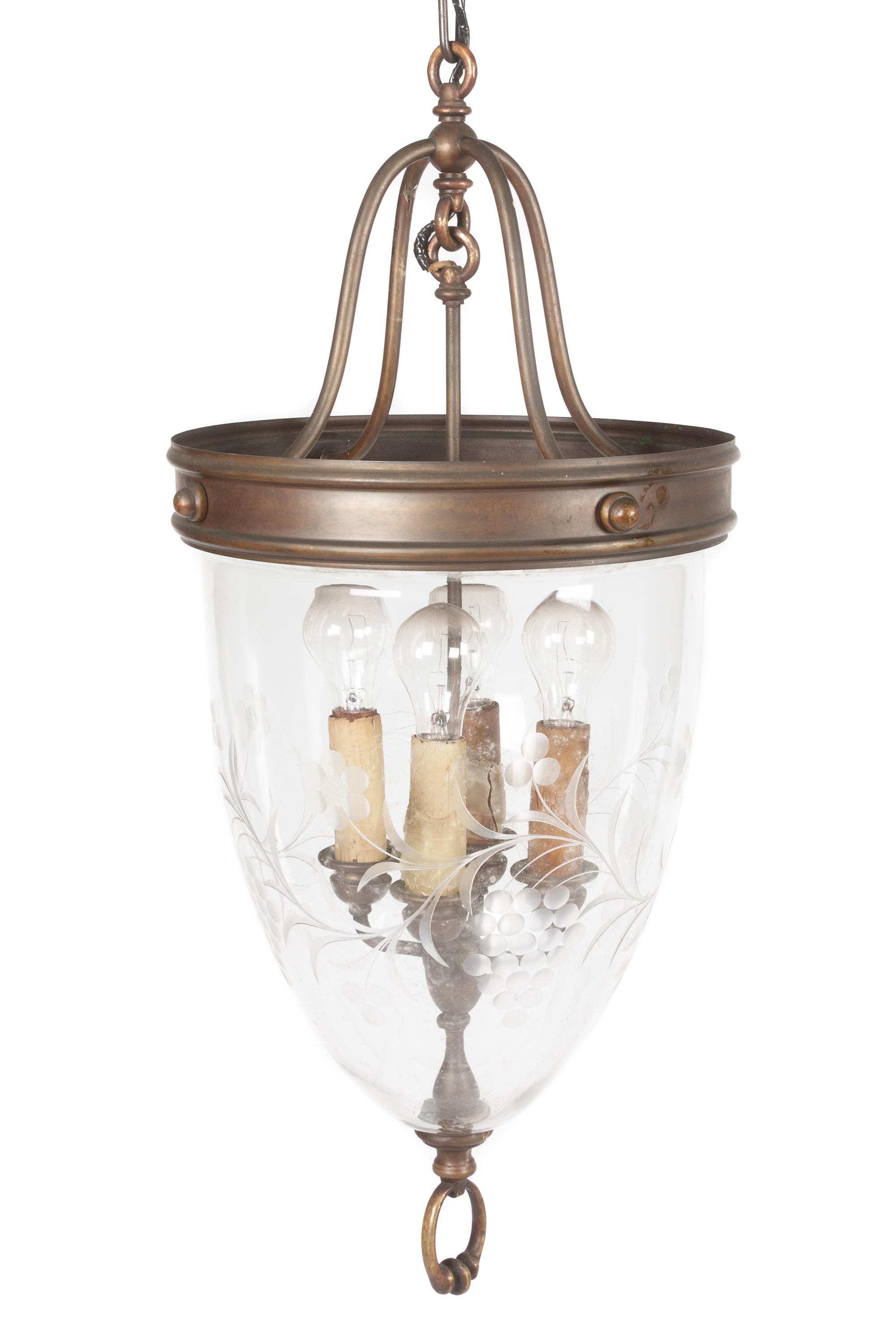 A Brass and Etched Glass Lantern Height 35 inches.