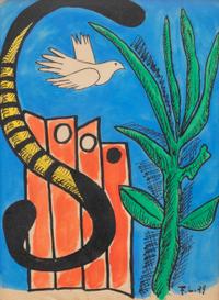 Composition à l'Oiseau sur Fond Bleu , 1949