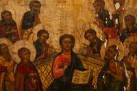 A Painted Russian Icon of Christ Enthroned Surrounded by Saints and a Brass Four-Panel Travel Prayer Icon