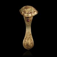 A Chinese Gold and Ruby Inset Ruyi -Shape Hair Ornament, Zan, Qing Dynasty 清 滇式嵌寶鏤空花卉紋如意金簪