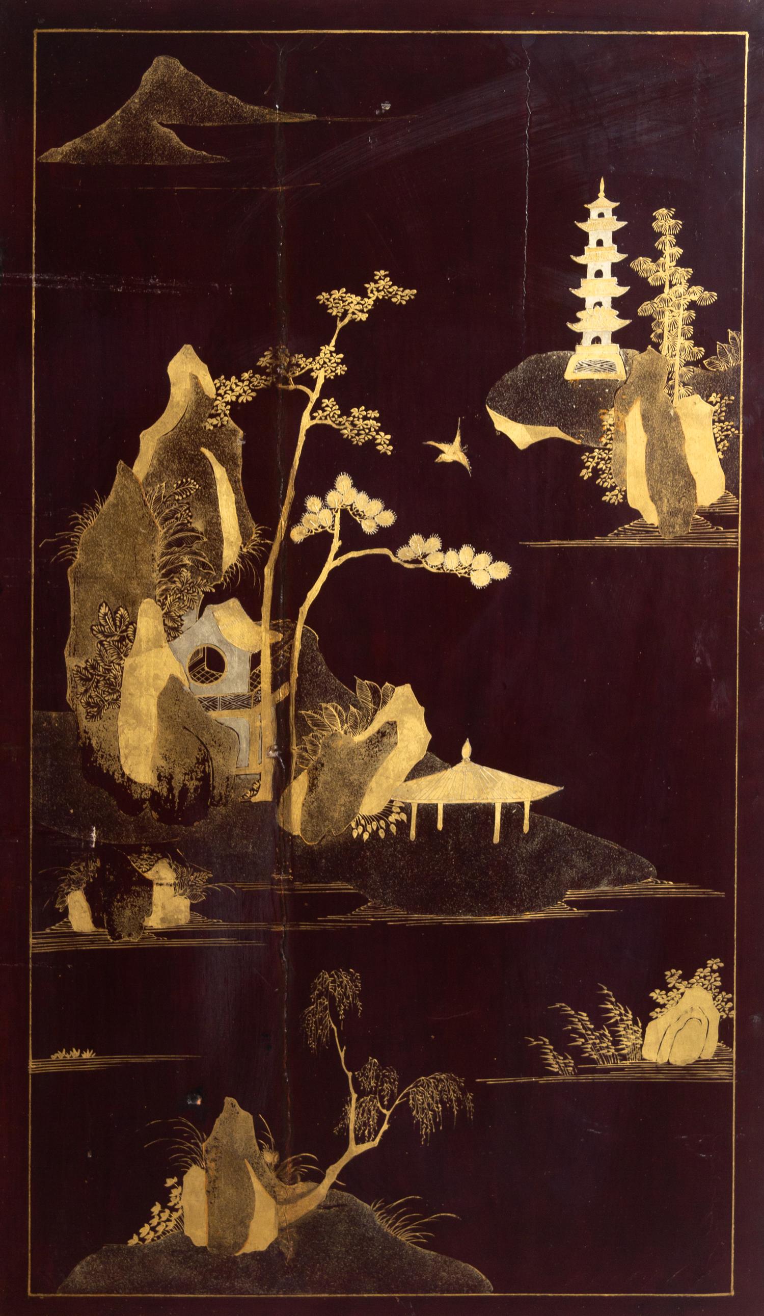 A Chinese Export Gilt Decorated Lacquer Cabinet on Stand