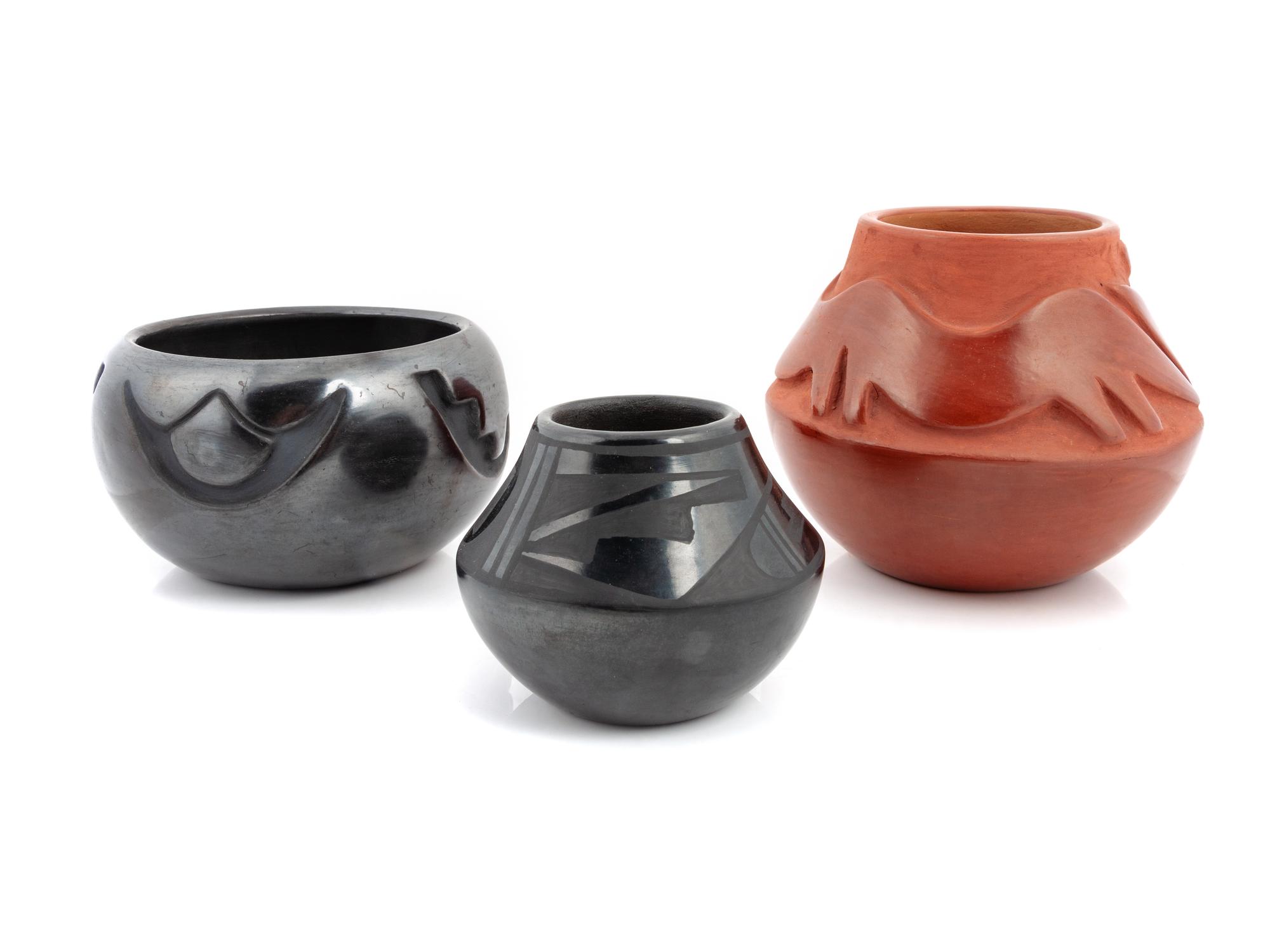 Carved Red and Blackware Pottery Jars