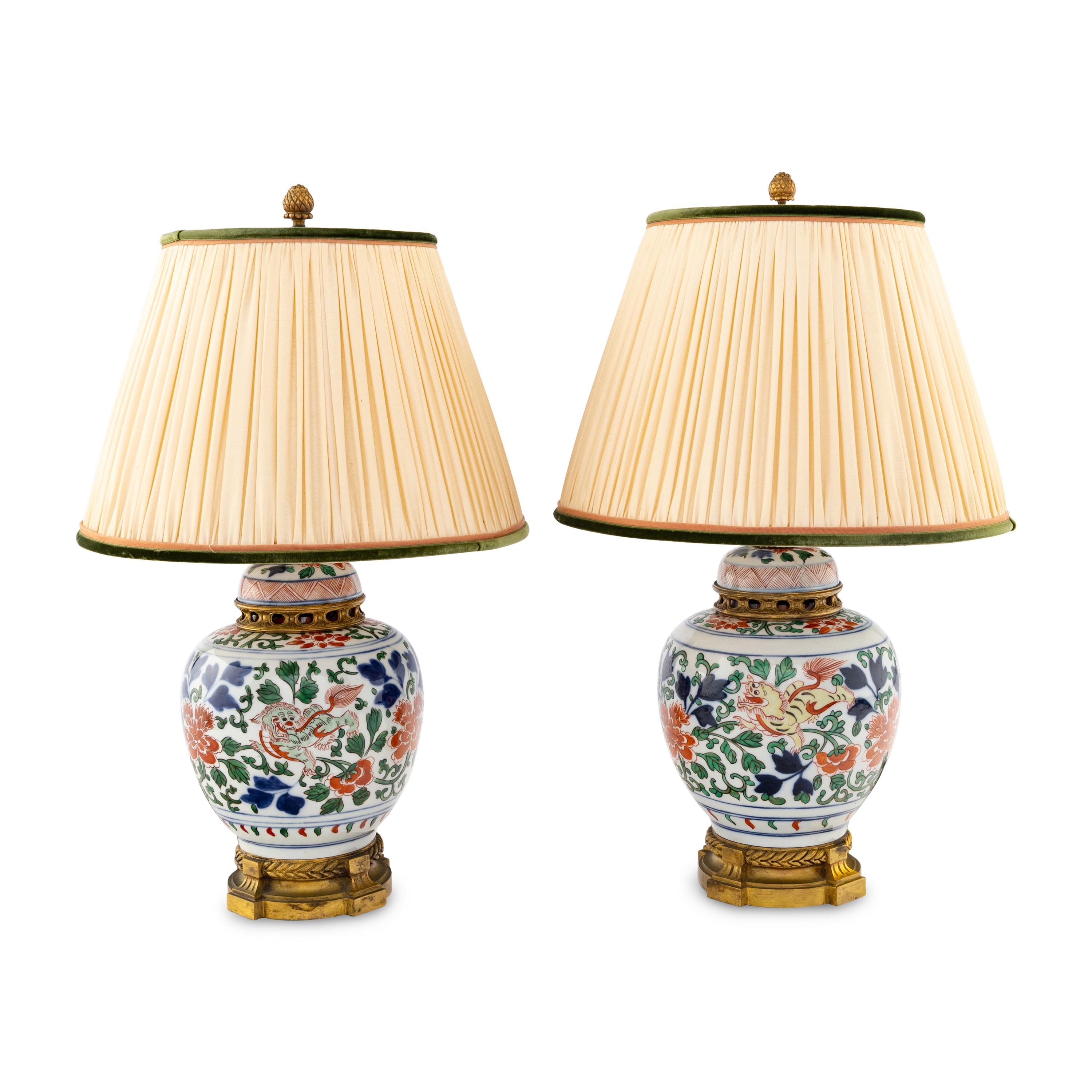A Pair of Chinese Export Gilt Bronze Mounted Porcelain Ginger Jars
