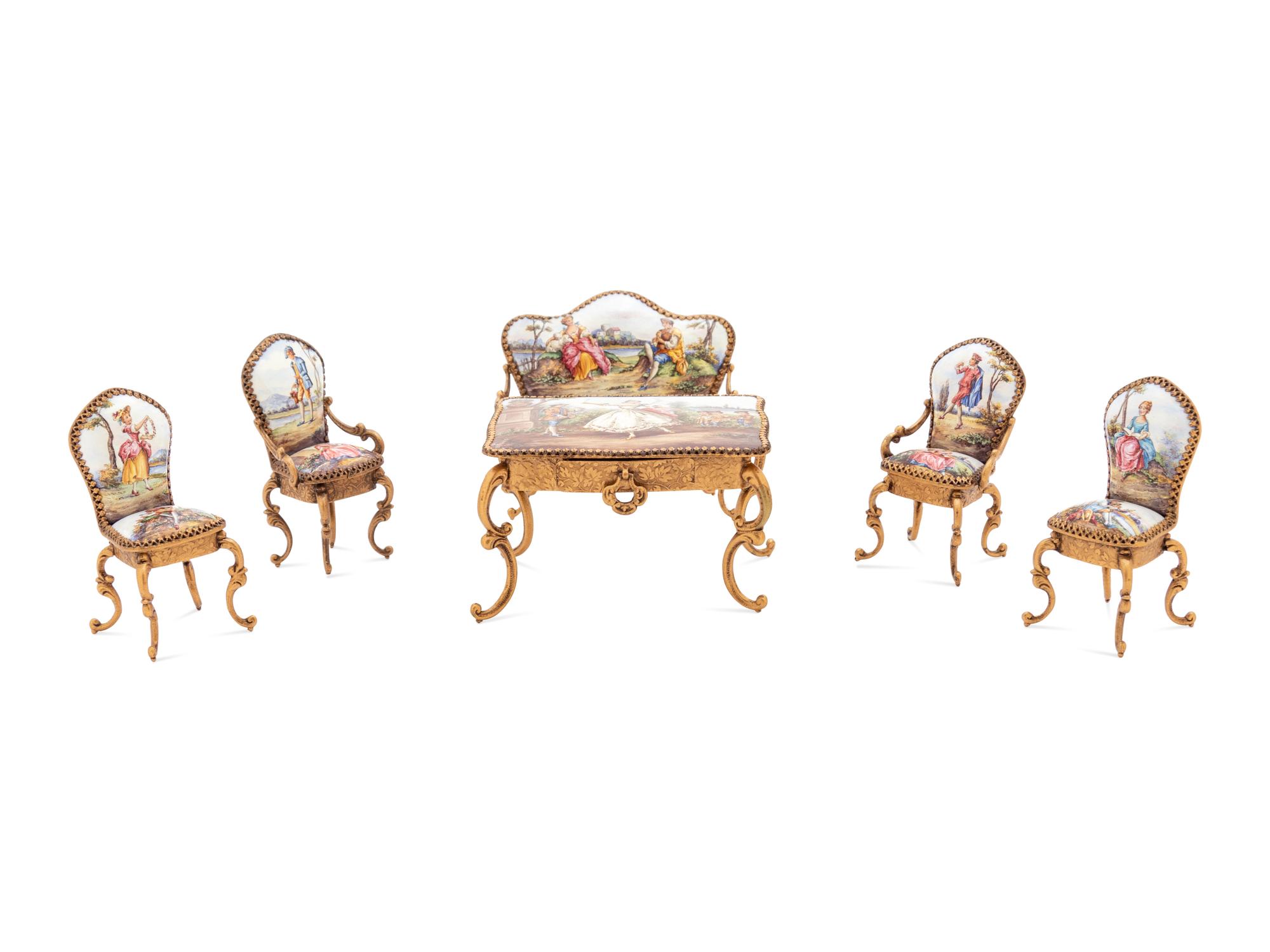 Six Viennese Enameled Miniature Furniture Articles