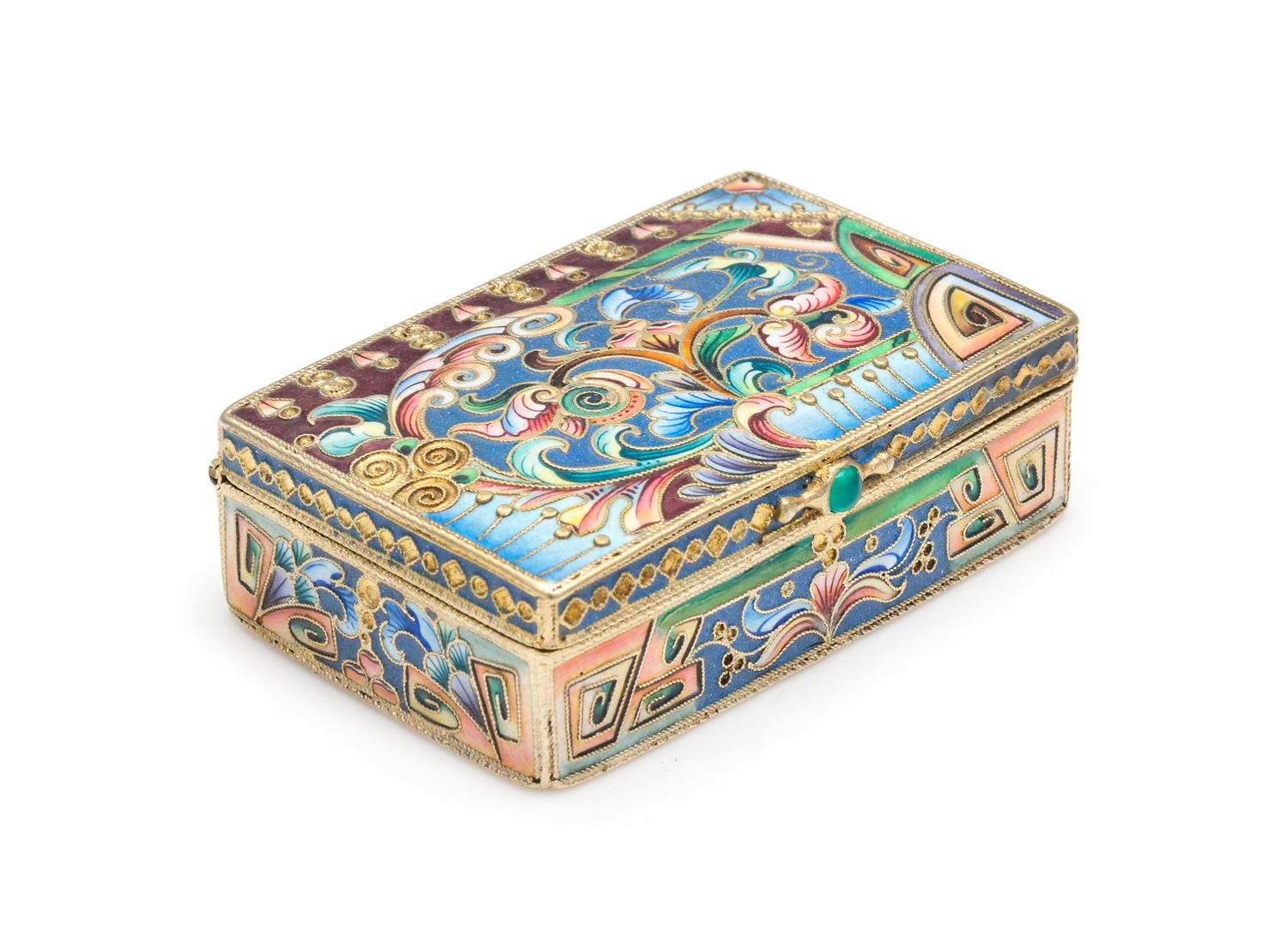 A Russian Enameled Silver Snuff Box, Mark of Grigory Sbitnev, Moscow, Late 19th/Early 20th Century, the case with polychrome enameled f