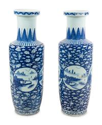 A Pair of Chinese Blue and White Porcelain Rouleau Vases