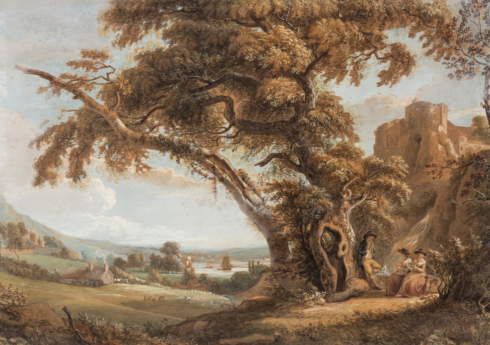 Figures by a Waterfall, with a Castle and a River Estuary Beyond