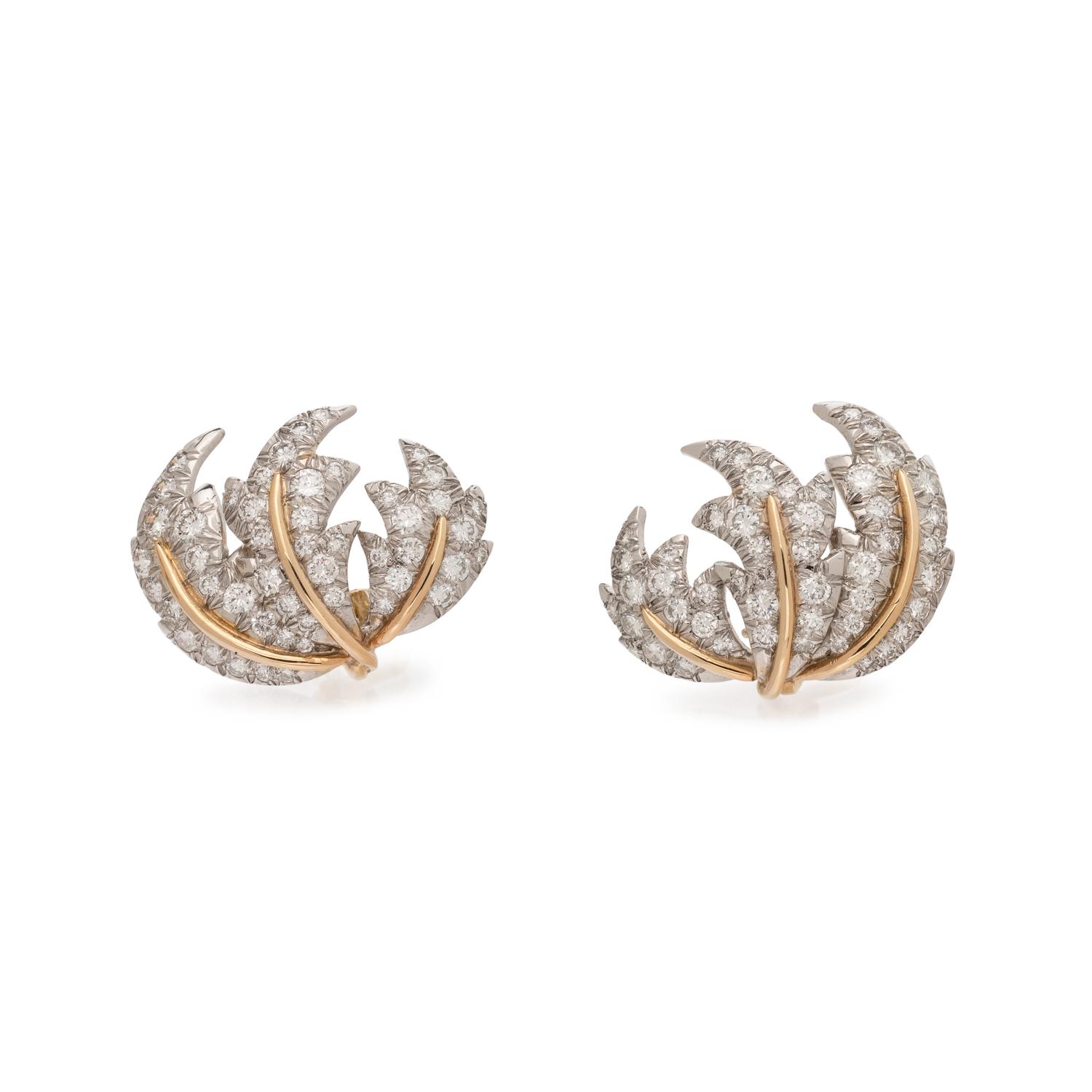 TIFFANY & CO., SCHLUMBERGER, YELLOW GOLD, PLATINUM, AND DIAMOND 'THREE LEAVES' EARRINGS