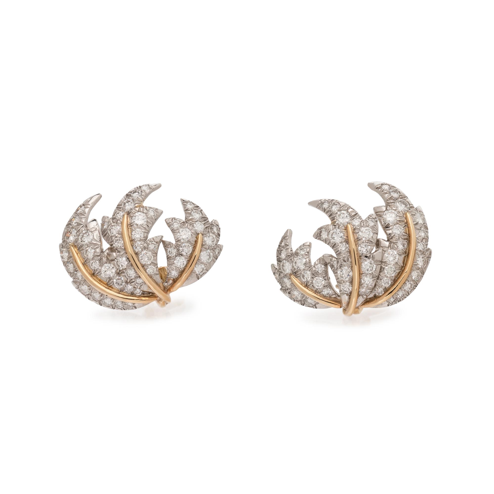 TIFFANY & CO., SCHLUMBERGER, YELLOW GOLD, PLATINUM, AND DIAMOND 'THREE LEAVES' EARRINGS