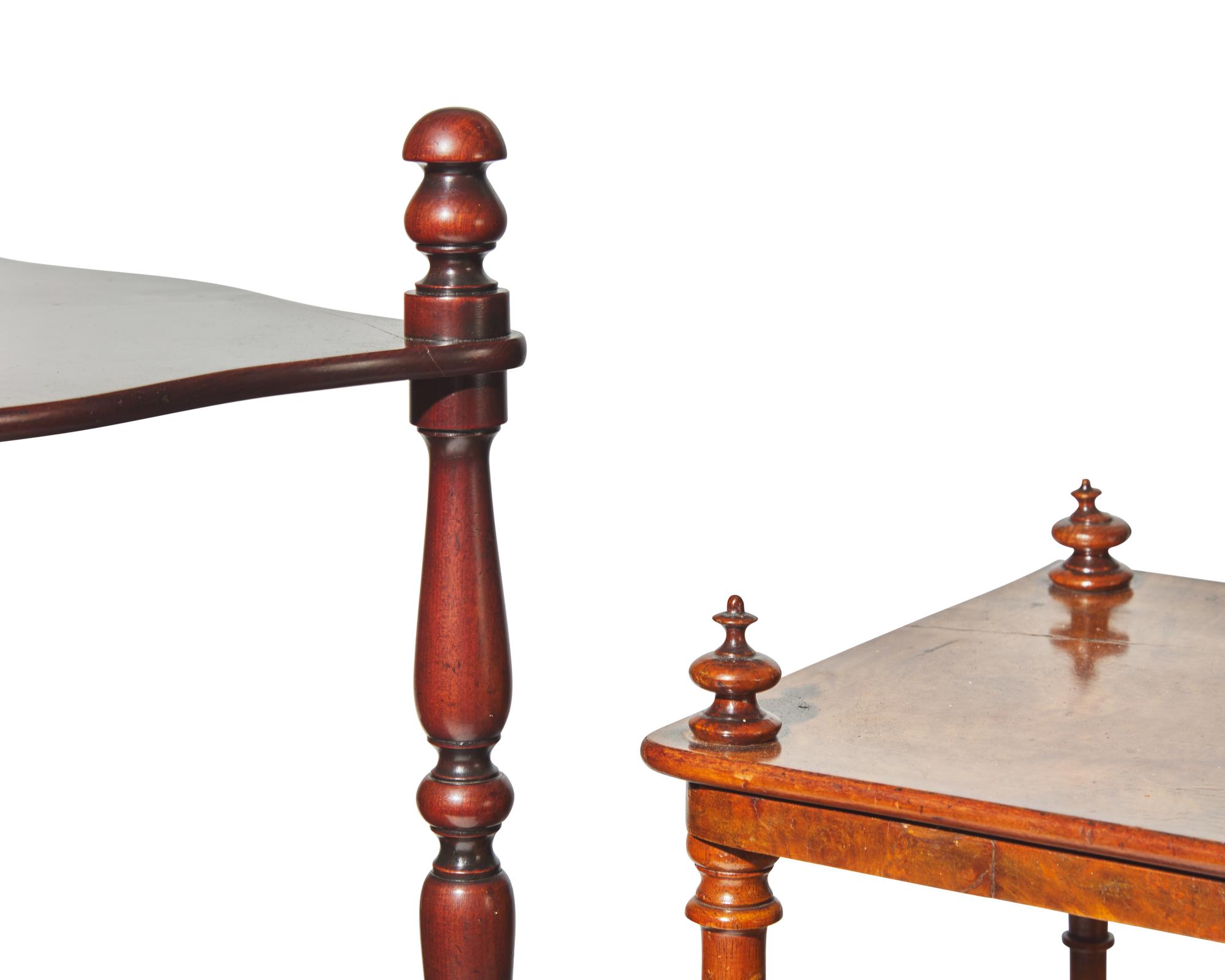 Two Victorian mahogany and burl walnut étagères, late 19th century