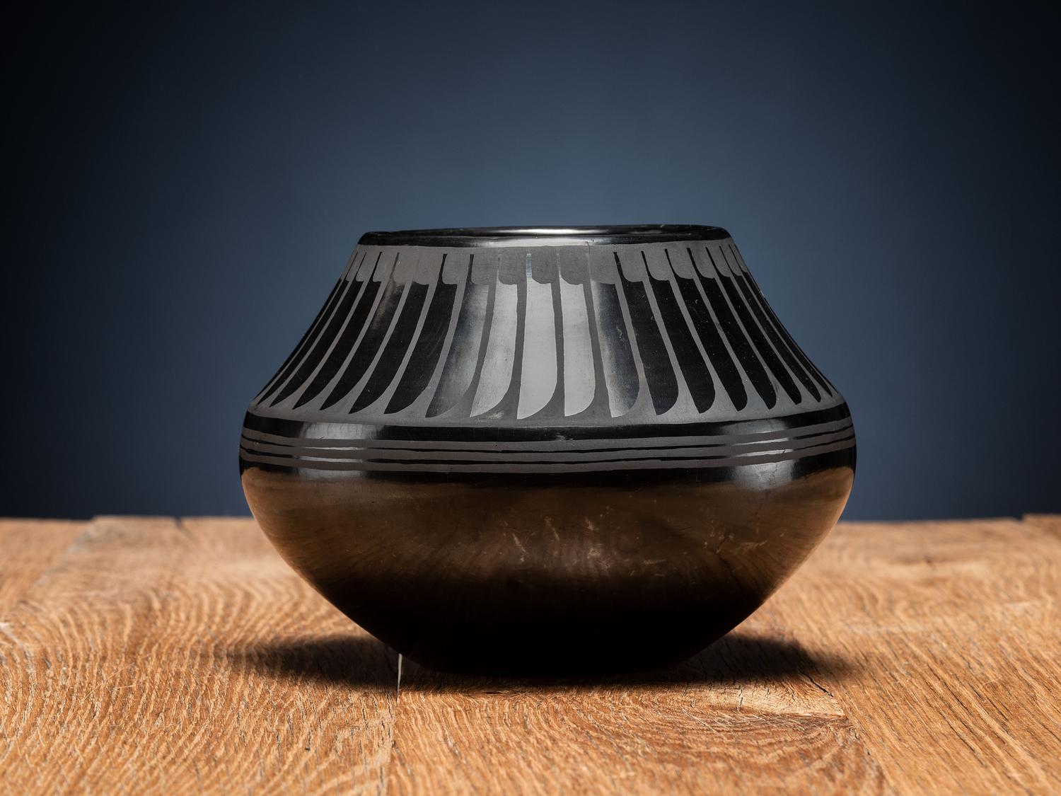 Blackware Pottery Jar, with Repeating Feather Design