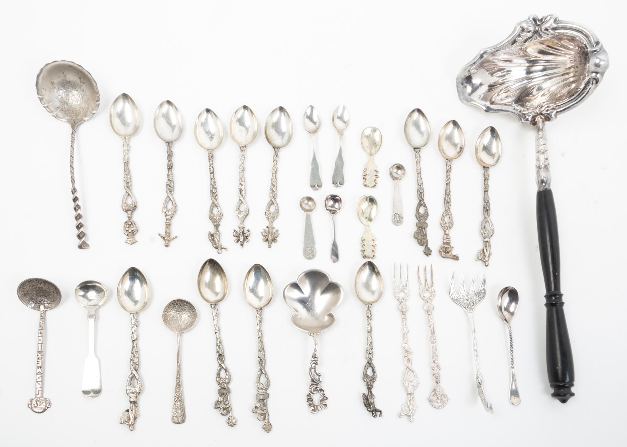 A Group of Silver Flatware, , comprising 28 flatware items, together with an associated silver-plate serving spoon.