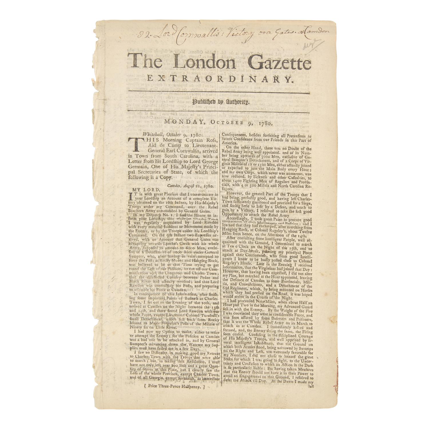 [American Revolution] A Special Issue of the London Gazette, Printing News of British General Cornwallis's Victory Over General Horatio Gates at Camden, South Carolina