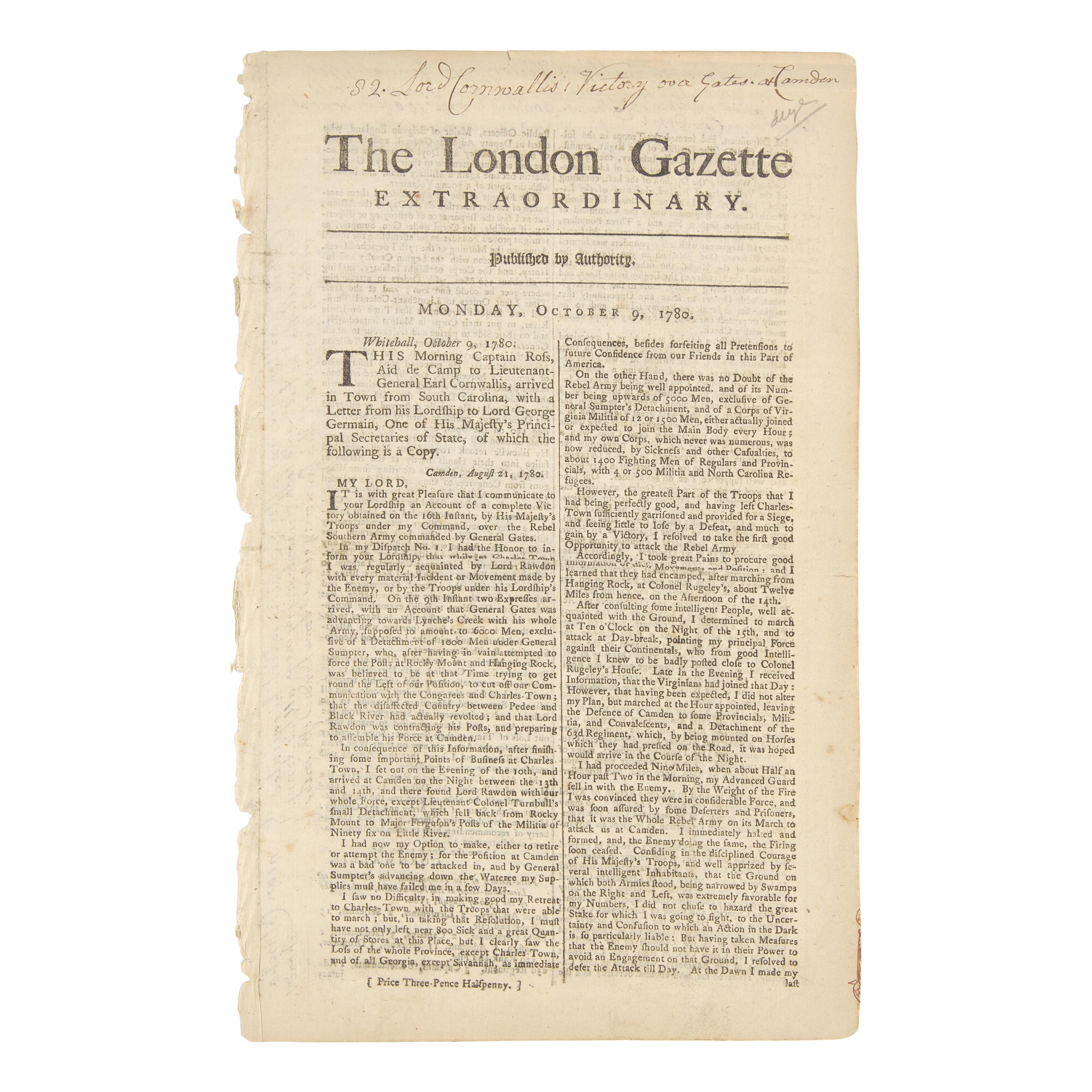 [American Revolution] A Special Issue of the London Gazette, Printing News of British General Cornwallis's Victory Over General Horatio Gates at Camden, South Carolina