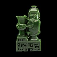 A Chinese Spinach Green Jade 'Dragon' Double Vase, Qianlong Mark 乾隆年制款碧玉雙聯瓶